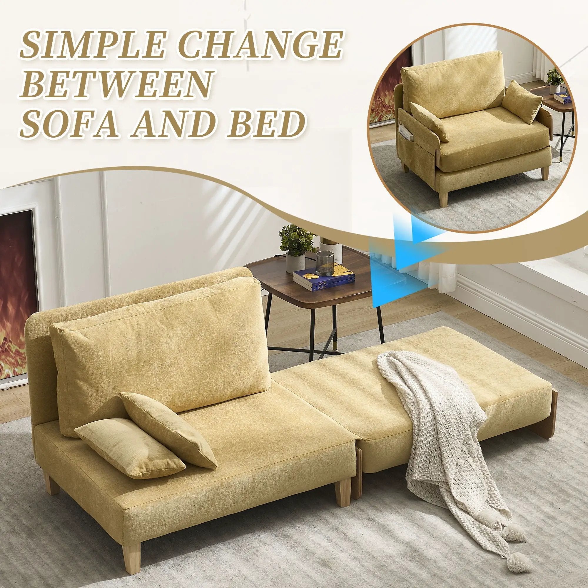 Mid Century Modern Foldable Sofa Bed, 3 In 1 Convertible Sleeper With 3 Pillows by HouseOfZazla
