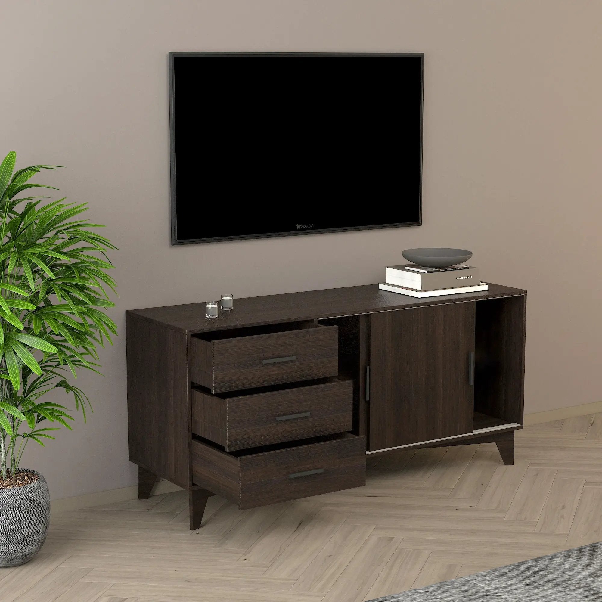 Parker - TV Stand With Sliding Doors And Drawers - Dark Brown by HouseOfZazla