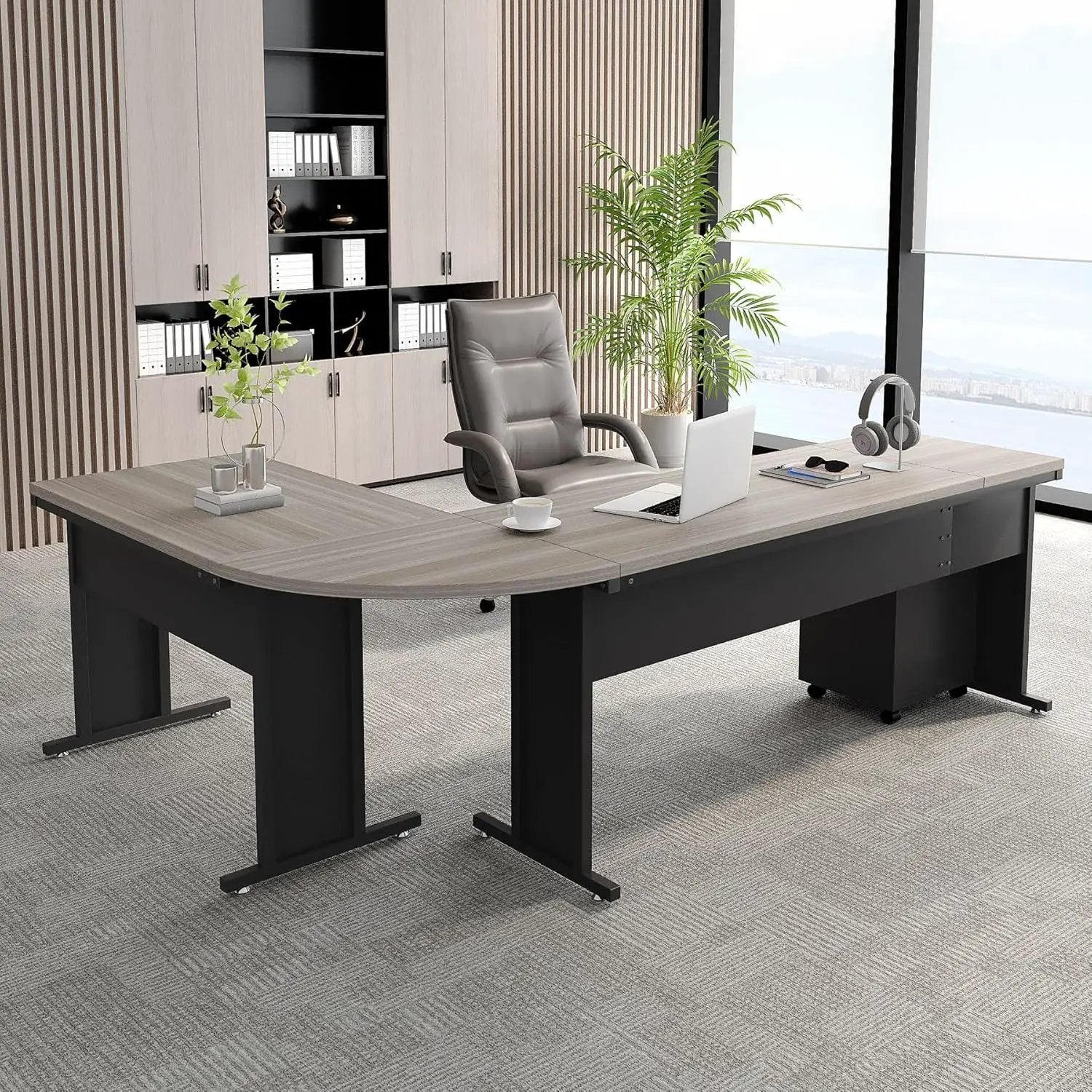 L-Shaped Executive Desk With Reversible Design, 3 Drawer Mobile File Cabinet For Home Office Workstation - Gray / Black by HouseOfZazla