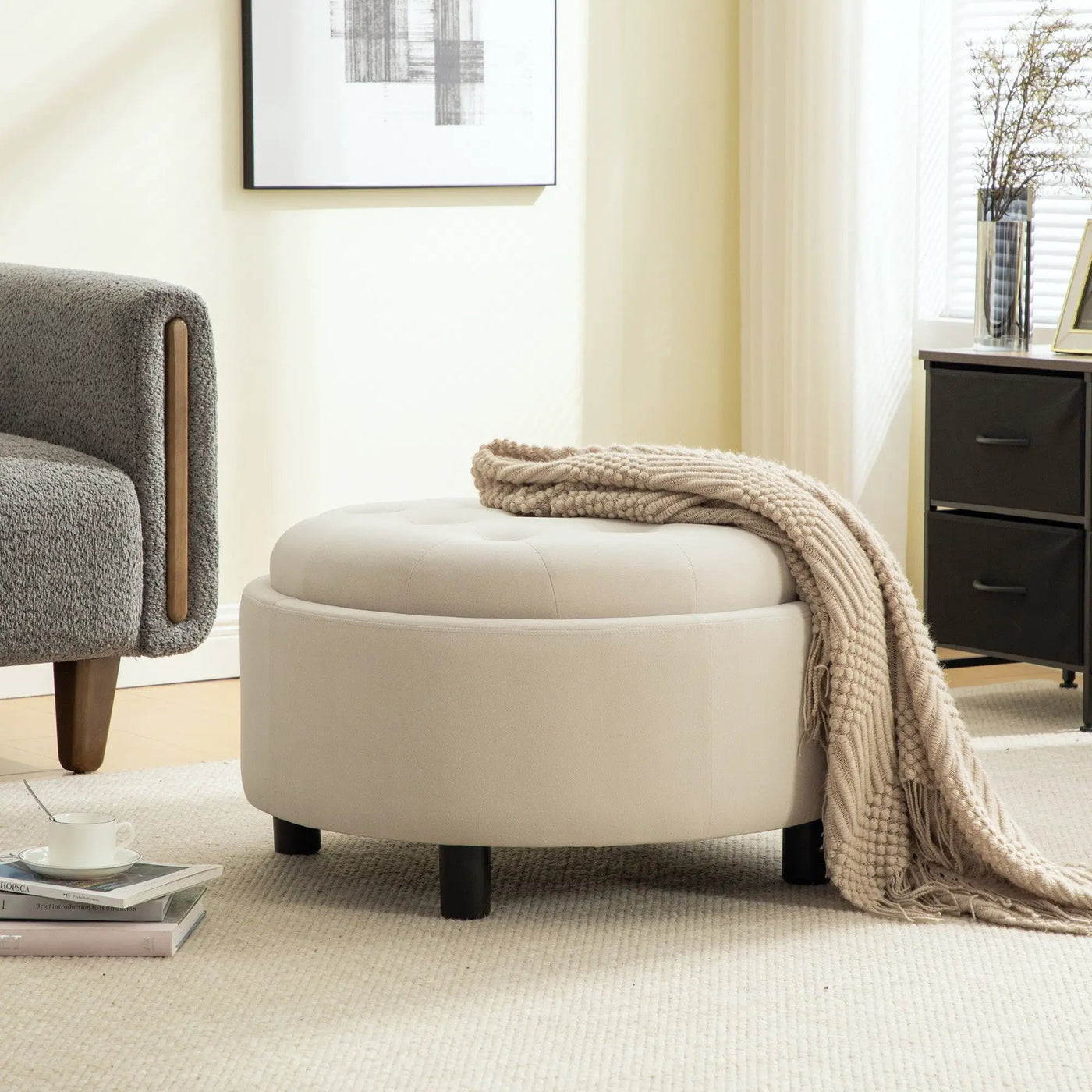 29.33"W Upholstered Round Ottoman With Reversible Lid by HouseOfZazla