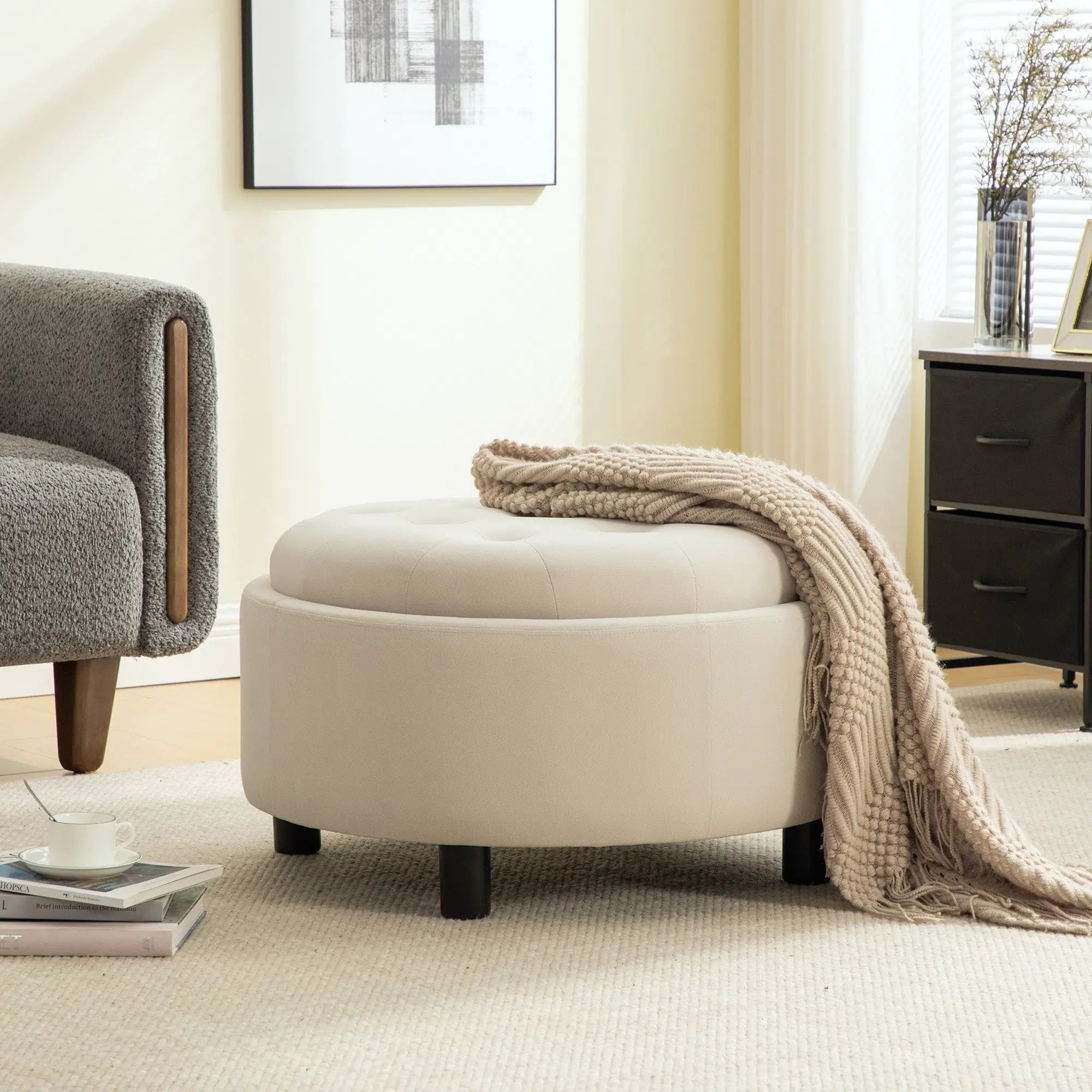 29.33"W Upholstered Round Ottoman With Reversible Lid by HouseOfZazla