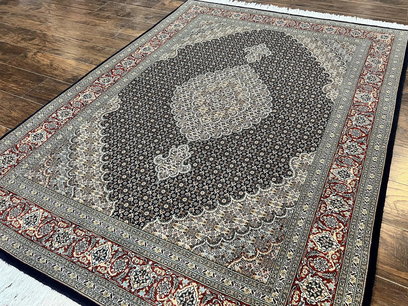 Persian Tabriz Rug 5x7, Wool with Silk Highlights, Hand Knotted Vintage Oriental Carpet, Very Fine, Herati Mahi Pattern, Black, Rare by Jewel Rugs