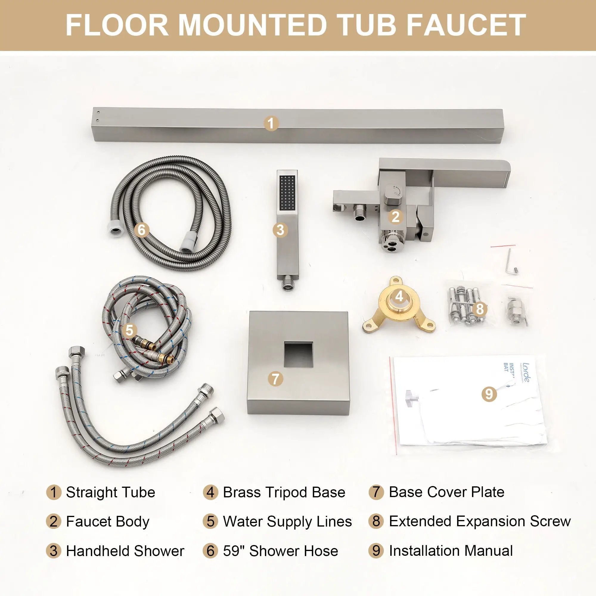Freestanding Bathtub Faucet Waterfall Tub Filler Floor Mount Solid Brass With Hand Shower - Brushed Nickel by HouseOfZazla