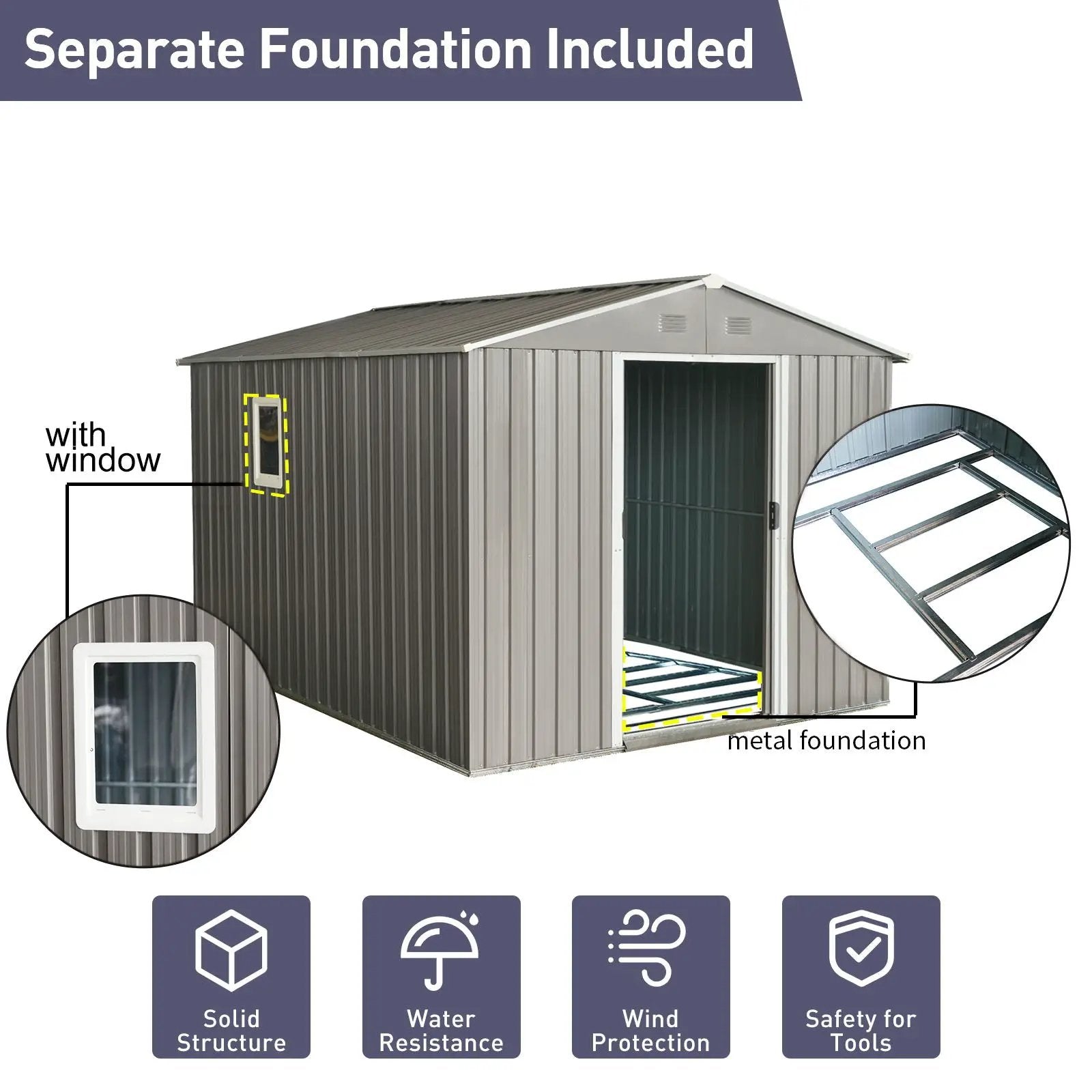 8Ft x 10Ft Outdoor Metal Storage Shed With Metal Floor Base, With Window - Gray by HouseOfZazla