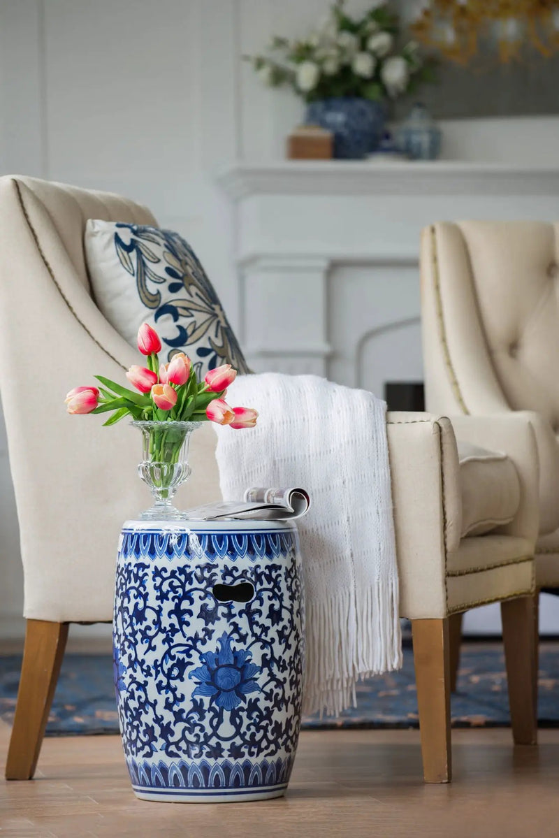 Ceramic Garden Stool, Small Side Tabel - White / Blue by Unique Piece Furniture