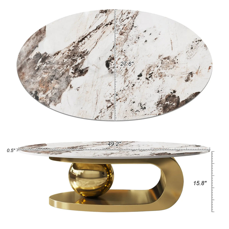 49.2 Inches Oval Faux Marble Coffee Table for Living Room with Stainless Steel Base by HouseOfZazla