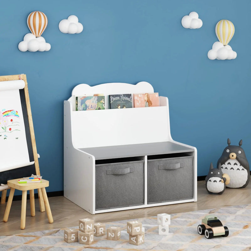 Bookshelf With Storage Bins, Bookcase With Book Display Shelf And 2 Bins, Cute Bear Shaped Backboard, Toy Organizer - White by Unique Piece Furniture
