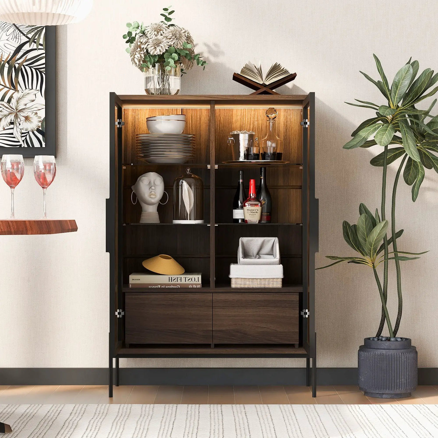 Modern Minimalist Style LED Curio Cabinet With Tempered Glass Door, Metal Legs by HouseOfZazla