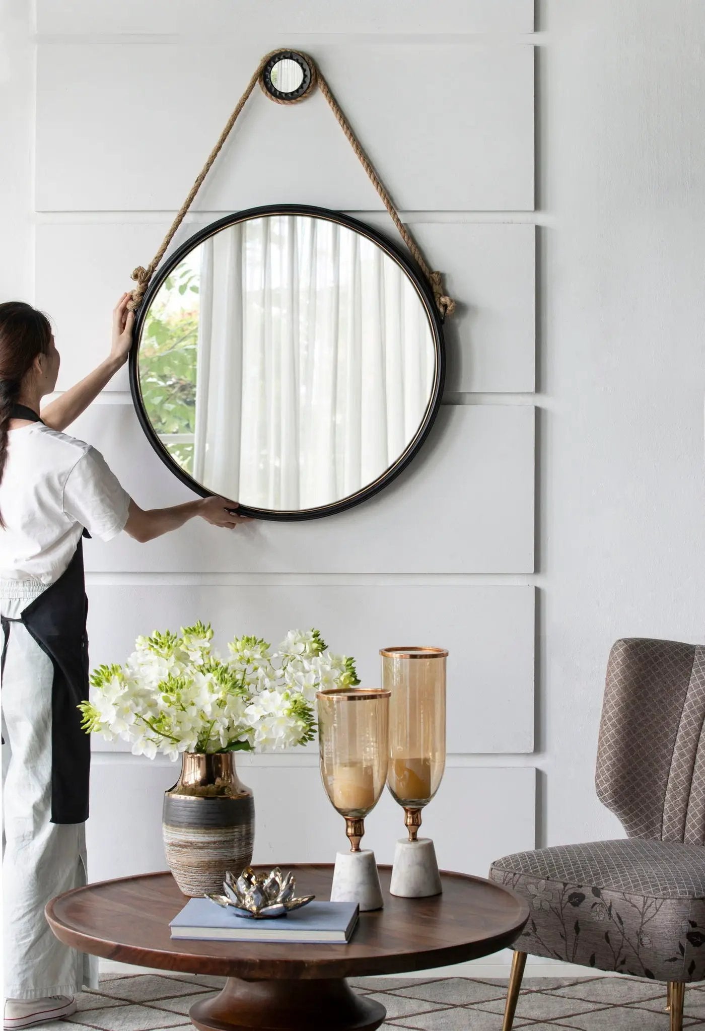 Handsome Cleveland Mirror With Rope Strap Contemporary Design Circle Mirror With Round Metal Frame For Wall Decor by Unique Piece Furniture