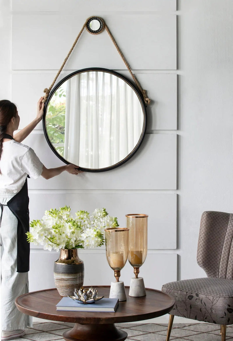 Handsome Cleveland Mirror With Rope Strap Contemporary Design Circle Mirror With Round Metal Frame For Wall Decor by HouseOfZazla