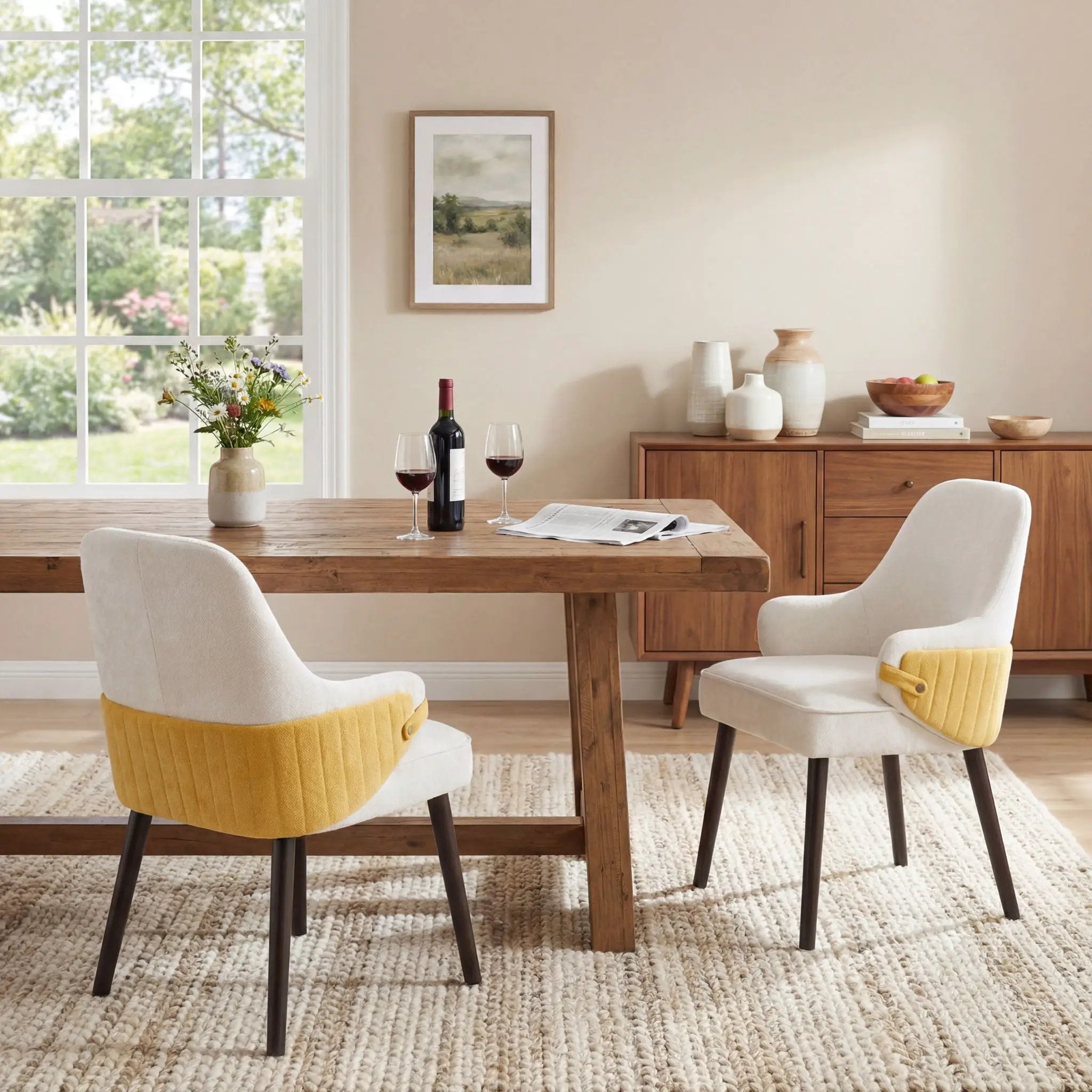Indoor Dining Chair Set of 2 with Sturdy Frame - Beige / Yellow