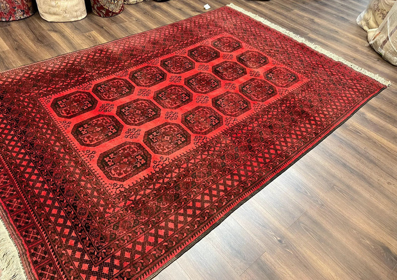 Afghan Turkoman Rug 7x10, Vintage Yamud Beshir Bokhara Carpet, Red and Black Bukhara Hand-Knotted Oriental Wool Handmade Rug, Elephant Foot by Jewel Rugs