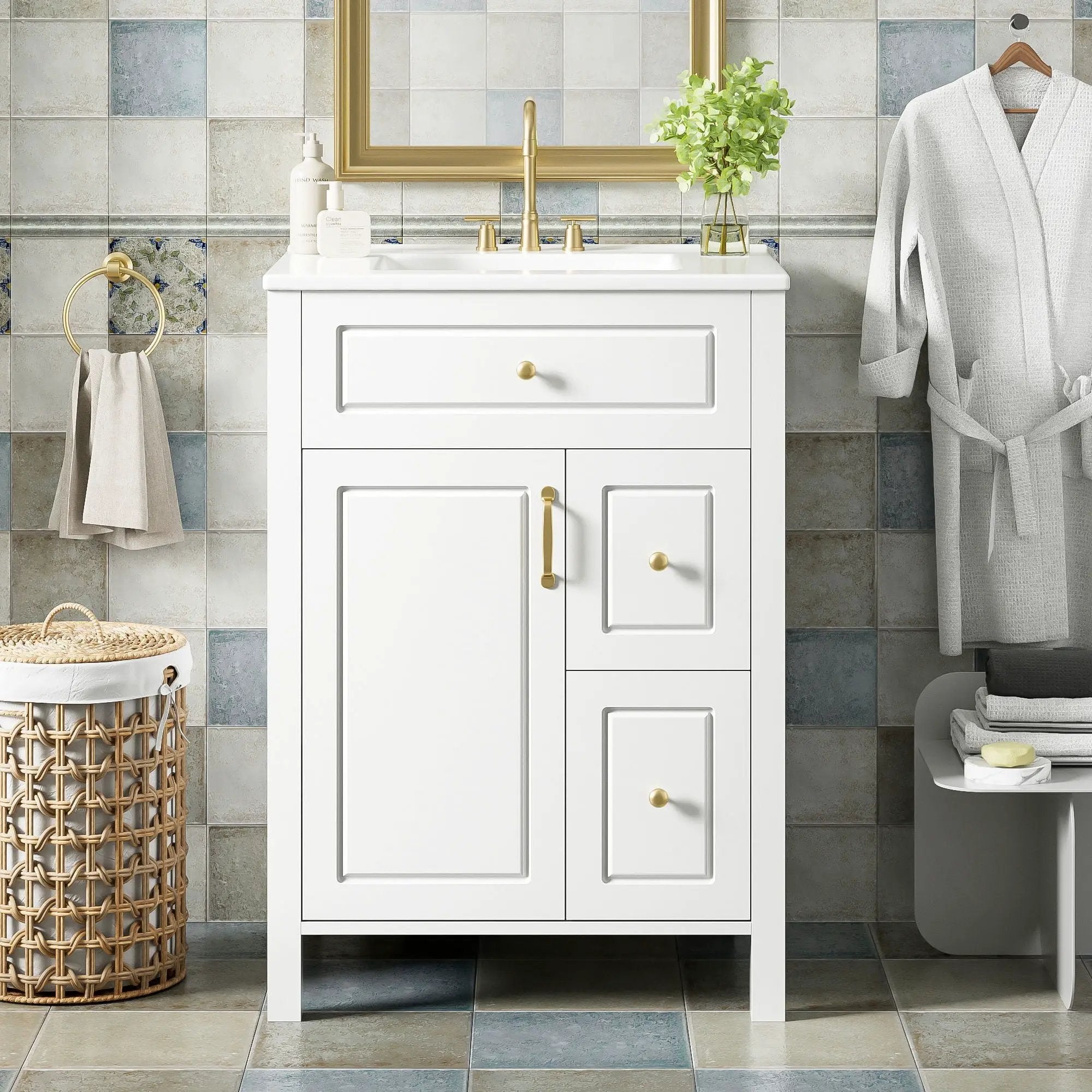 Elegant Bathroom Vanity With Ceramic Sink, Soft Close Doors And Drawers, Double Storage Racks by HouseOfZazla