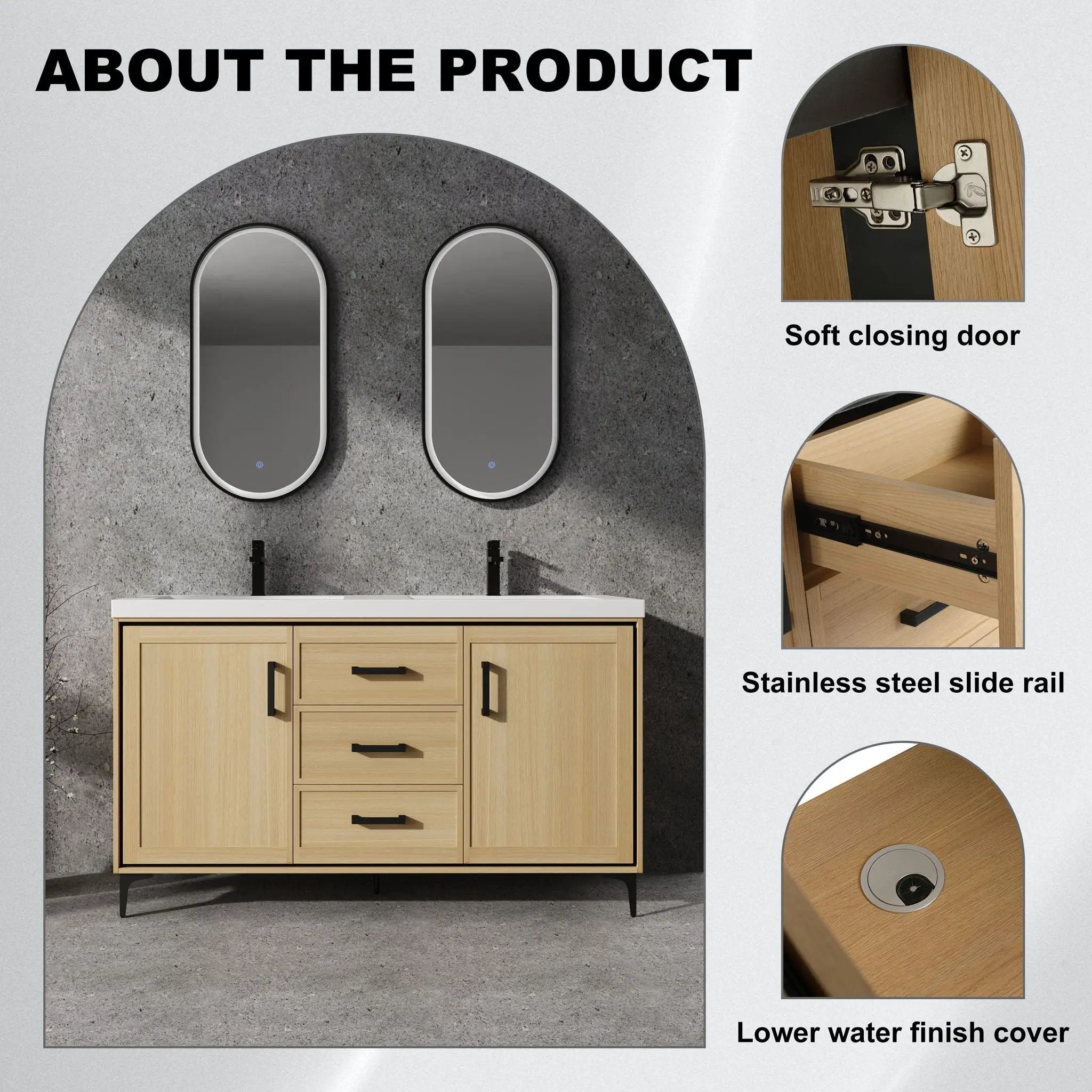 Original 60" Freestanding Bathroom Vanity With Double Resin Sink Plywood Soft Closing Doors & Drawers - Oak by Unique Piece Furniture