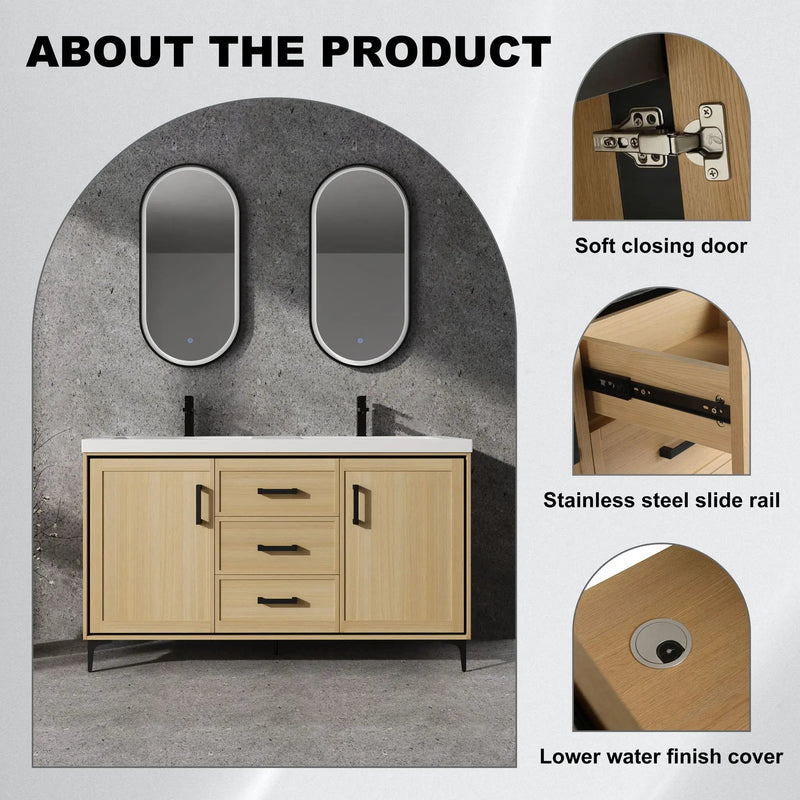 Original 60" Freestanding Bathroom Vanity With Double Resin Sink Plywood Soft Closing Doors & Drawers - Oak by Unique Piece Furniture