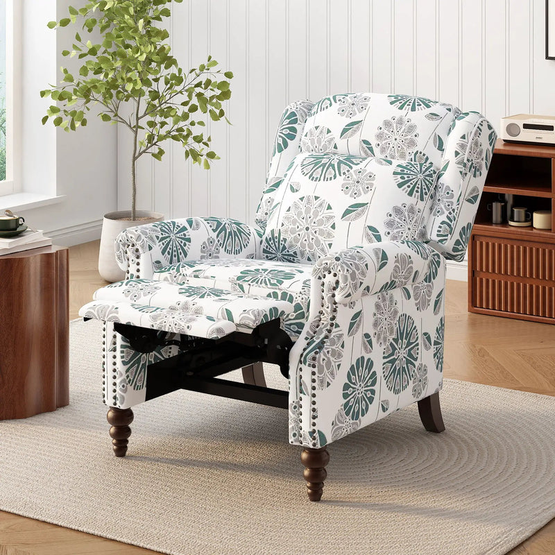 Push Back Recliner Chair Upholstered With Classic Wing Back And Solid Gourd-Shaped Legs