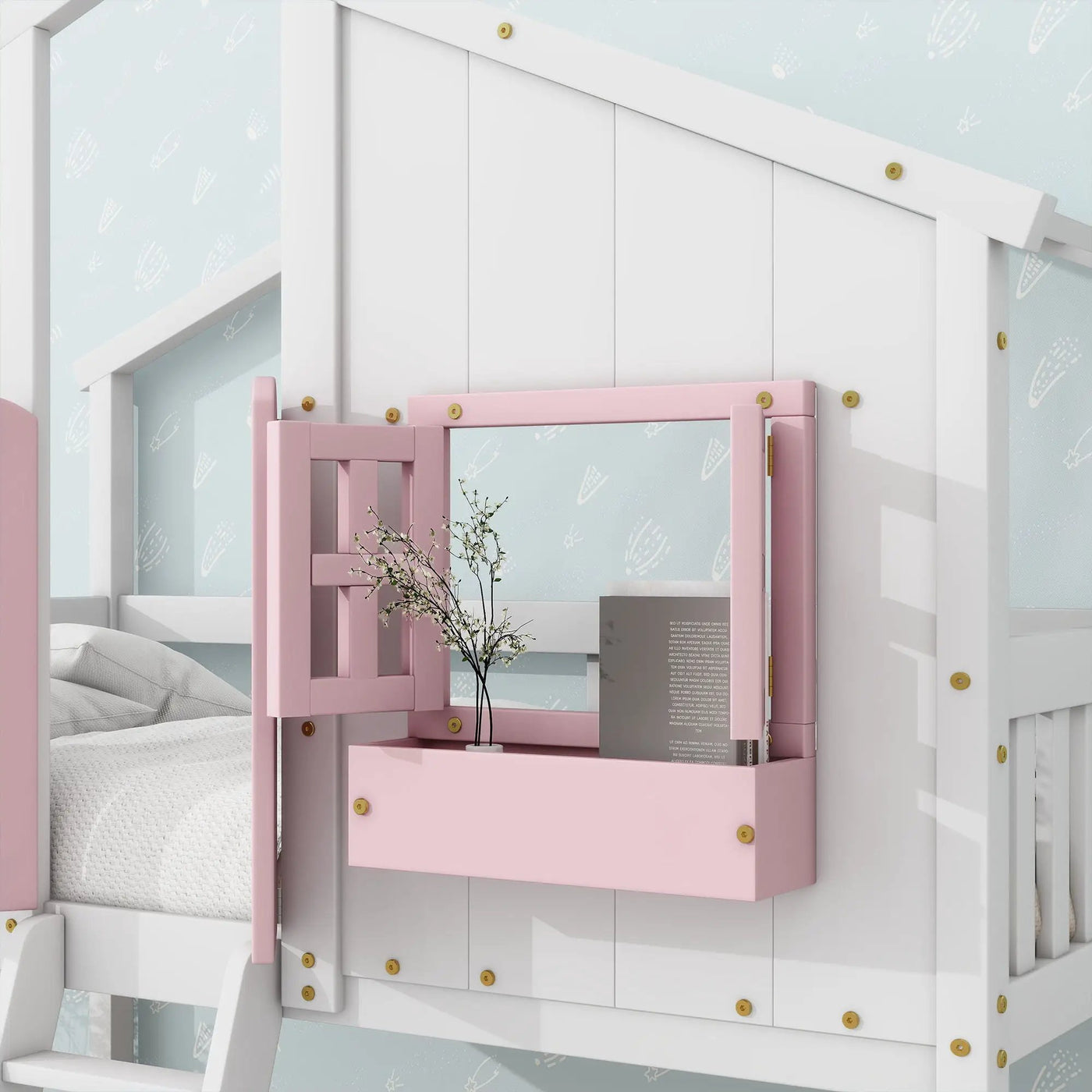 House Bunk Bed With Roof, Window, Window Box, Door, With Safety Guardrails And Ladder by Unique Piece Furniture