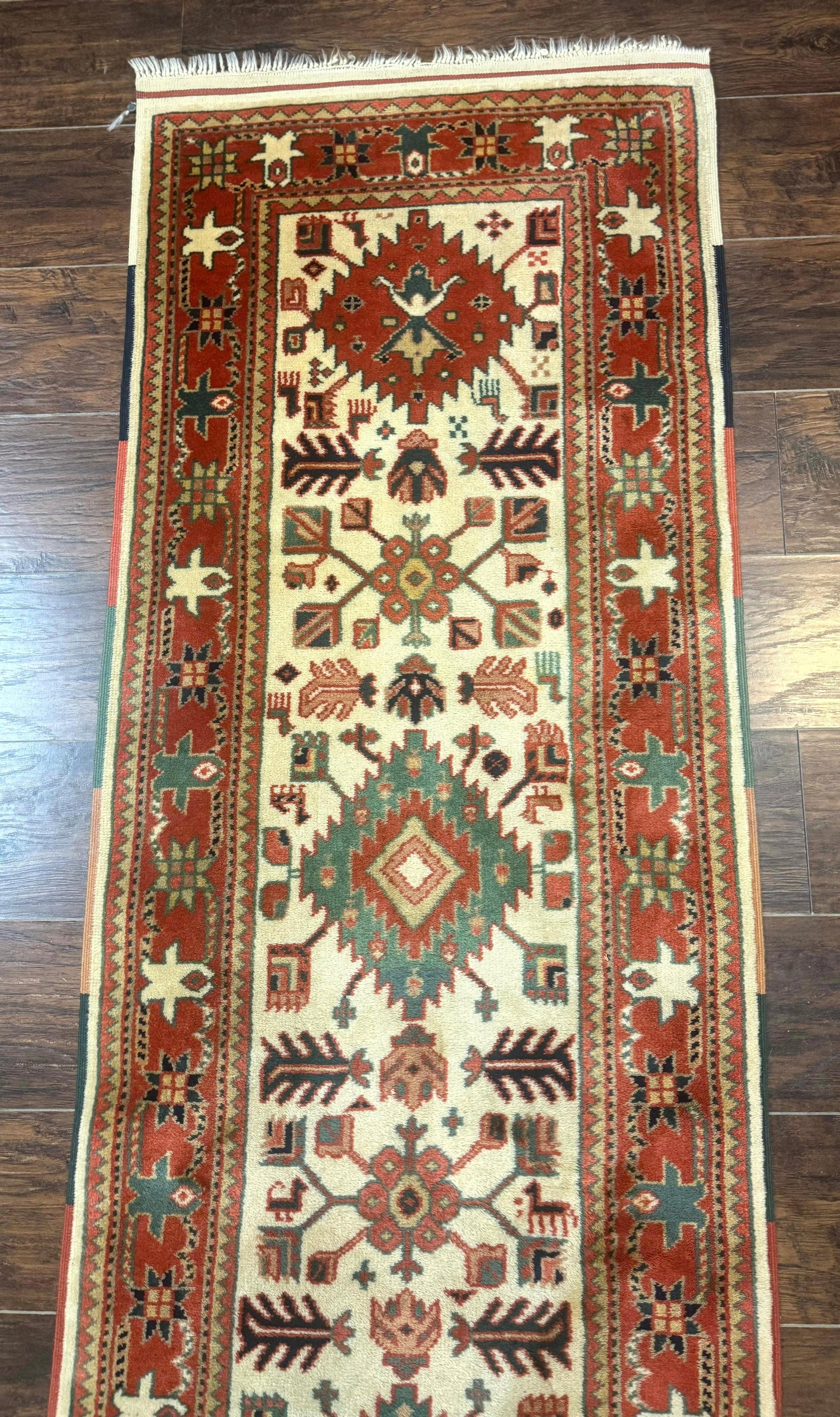Turkish Runner Rug 2.4 x 8, Kazak Geometric Heriz Pattern, Beige Red by Jewel Rugs