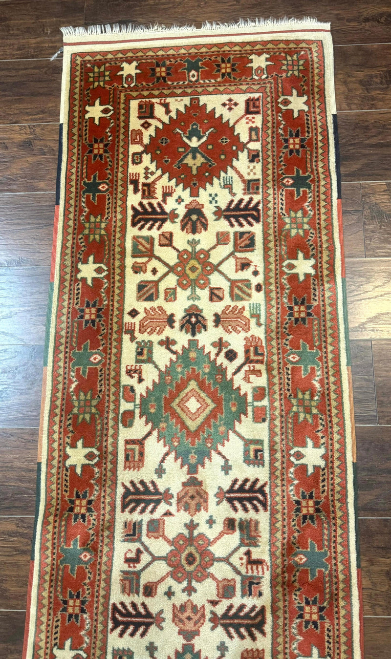 Turkish Runner Rug 2.4 x 8, Kazak Geometric Heriz Pattern, Beige Red by Jewel Rugs