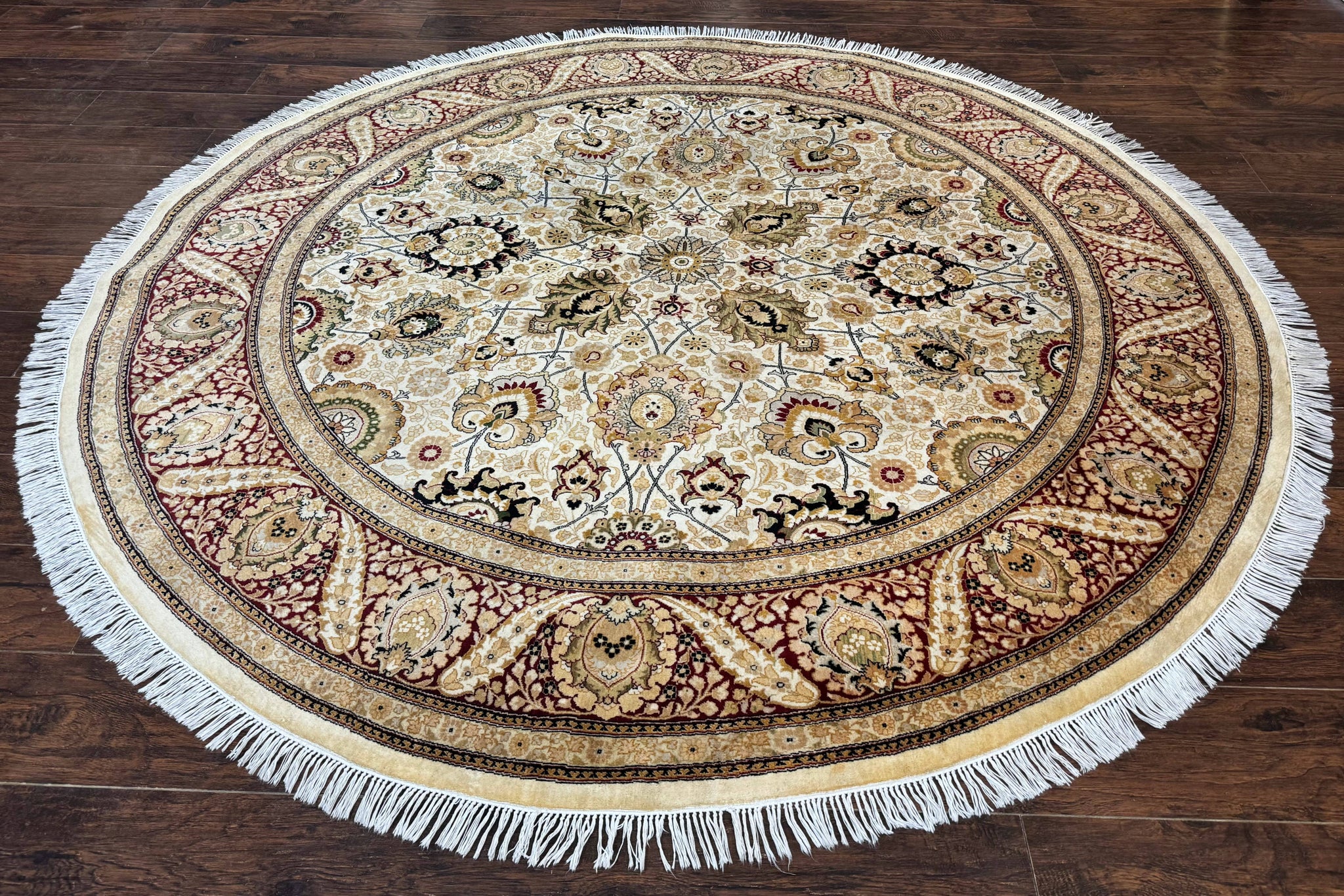 Round Pak Persian Rug 8x8, Vintage Handmade Wool Traditional Carpet, Beige Dark Red, Fine 270 KPSI by Jewel Rugs