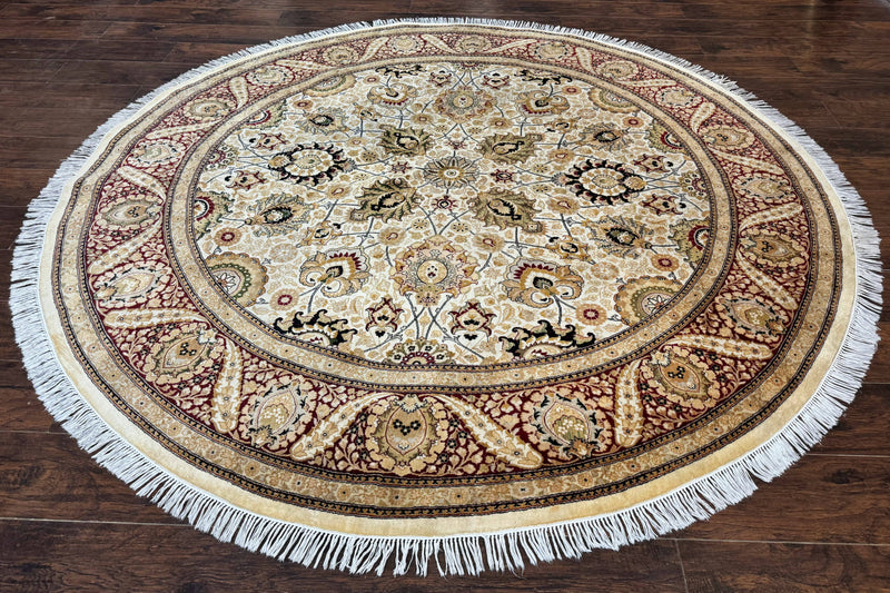 Round Pak Persian Rug 8x8, Vintage Handmade Wool Traditional Carpet, Beige Dark Red, Fine 270 KPSI by Jewel Rugs