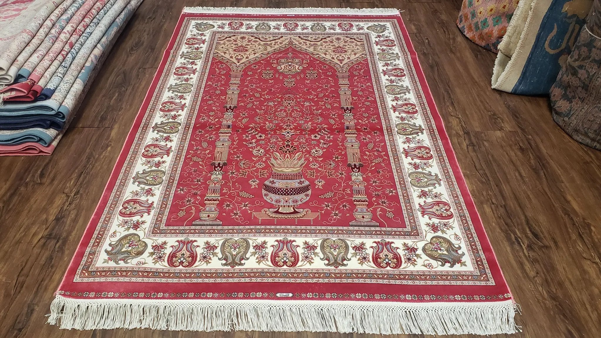 4 x 6 Silk Carpet Red, Traditional Oriental Rug 4x6, Flower Vase Columns, Turkish Rug New, High Quality, Bamboo Silk, Area Rug by Jewel Rugs