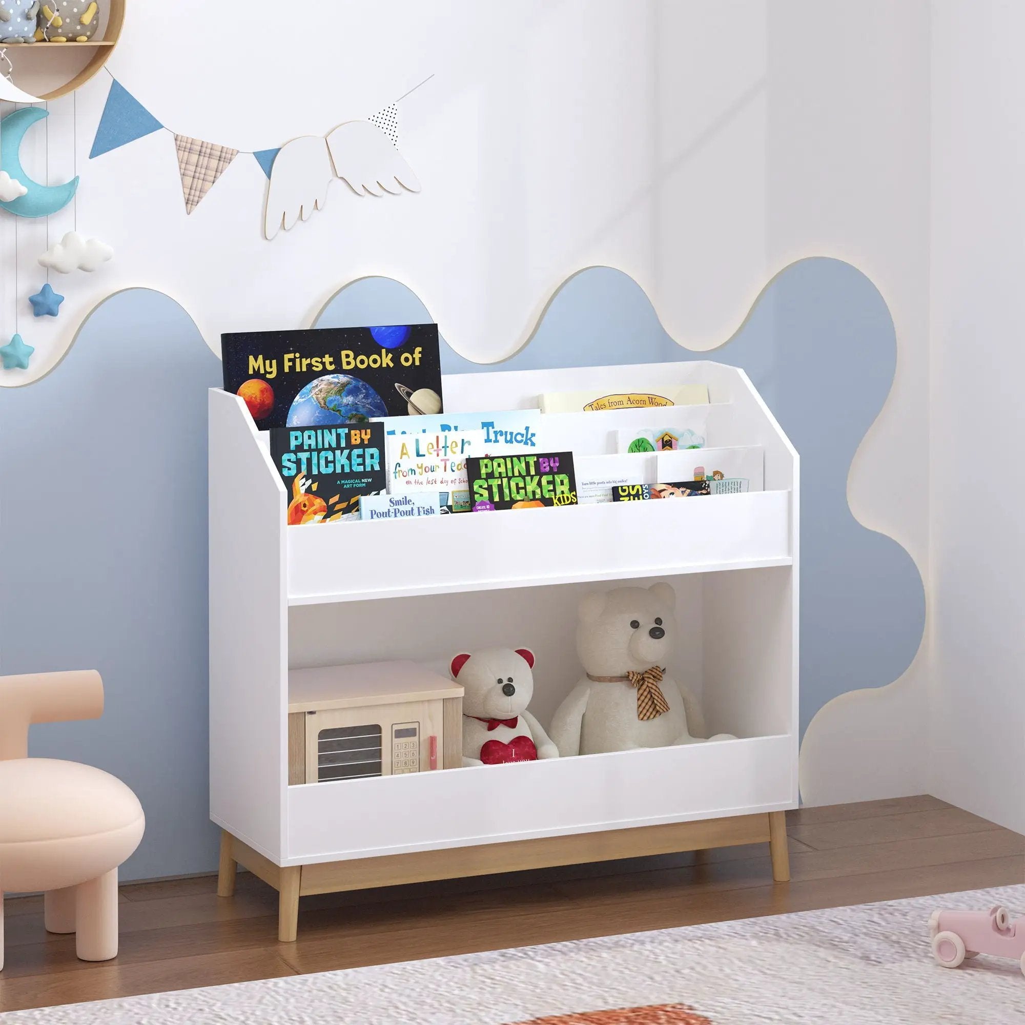 Bookcase Organizer With Storage, 3 Tier Toddler Book Display Shelf For Playroom - White by Unique Piece Furniture