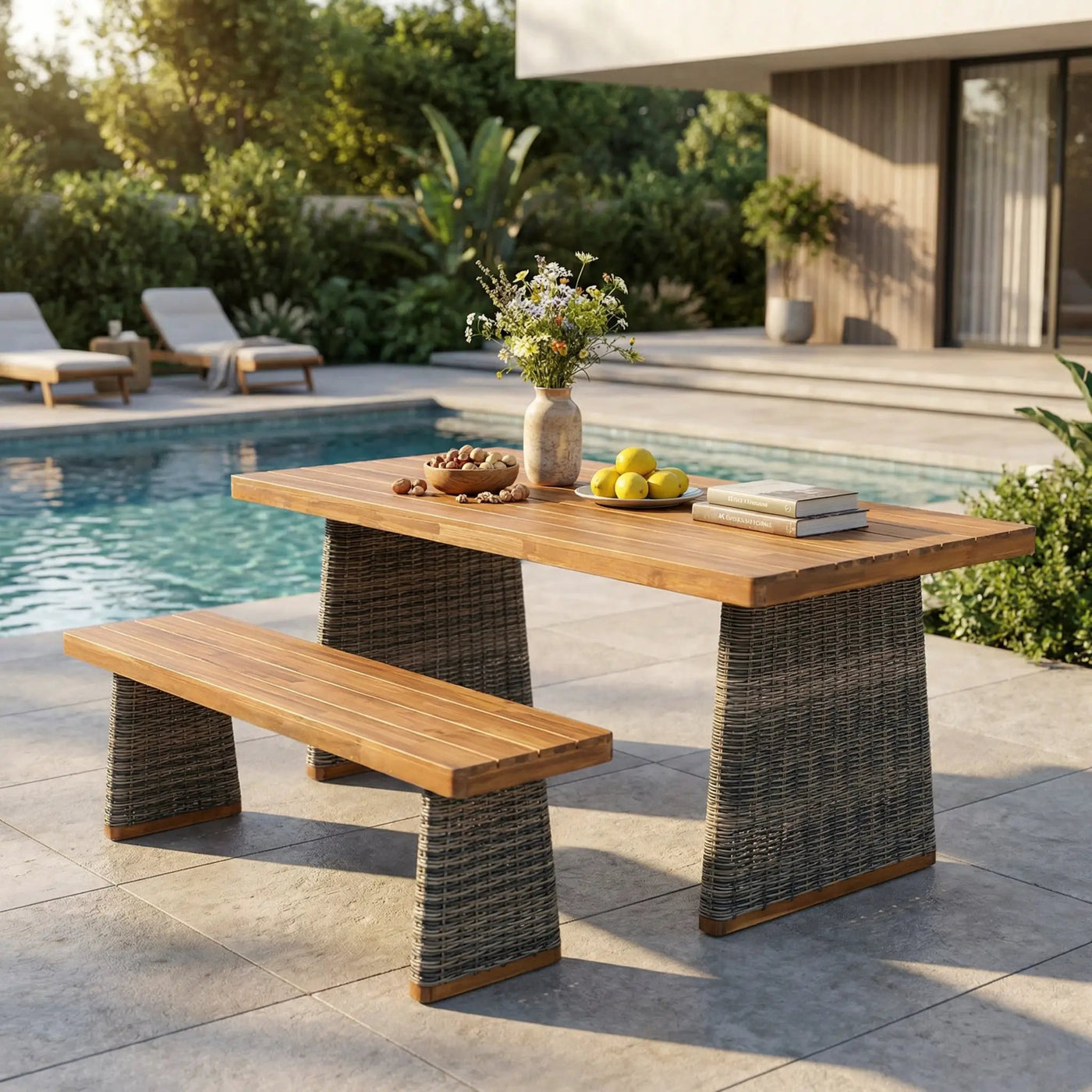 Outdoor Acacia Wood Dining Table Set with 1 Table and 1 Bench by HouseOfZazla