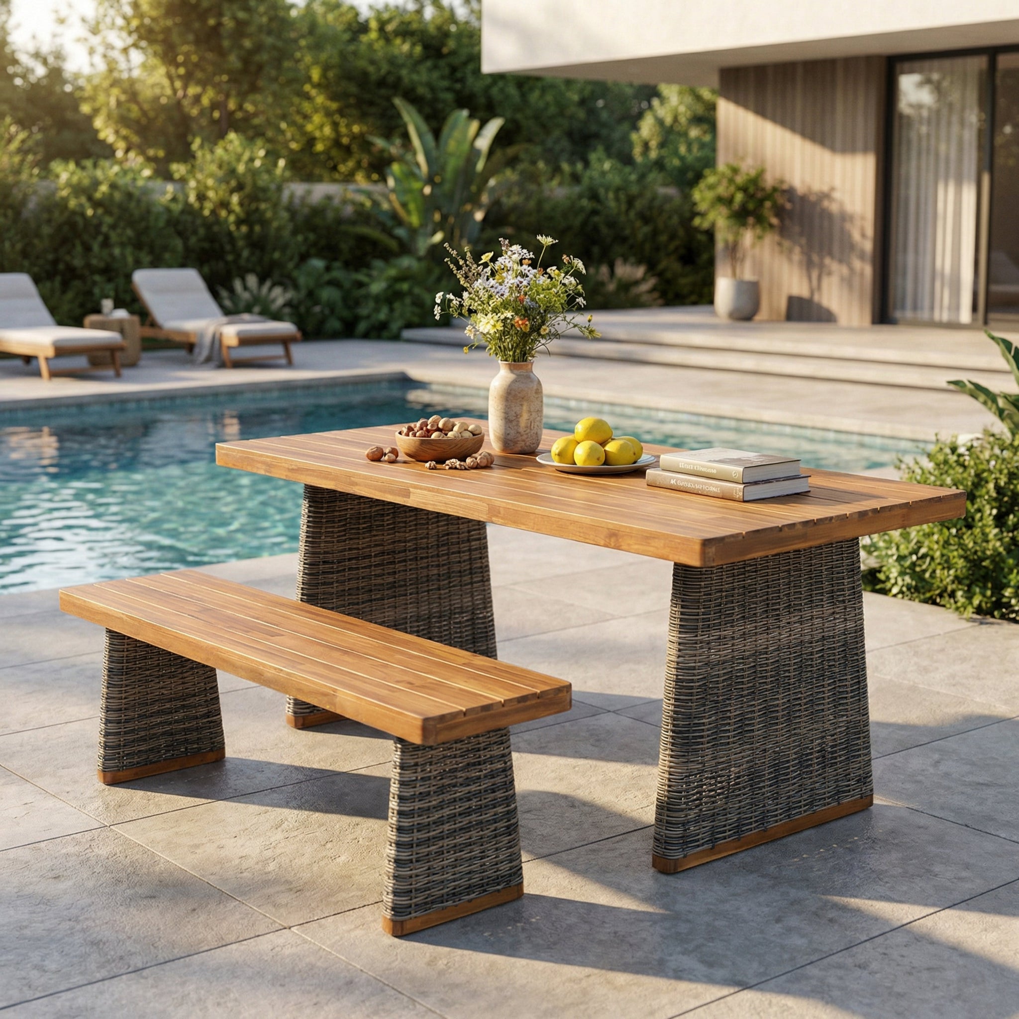 Outdoor Acacia Wood Dining Table Set with 1 Table and 1 Bench by HouseOfZazla