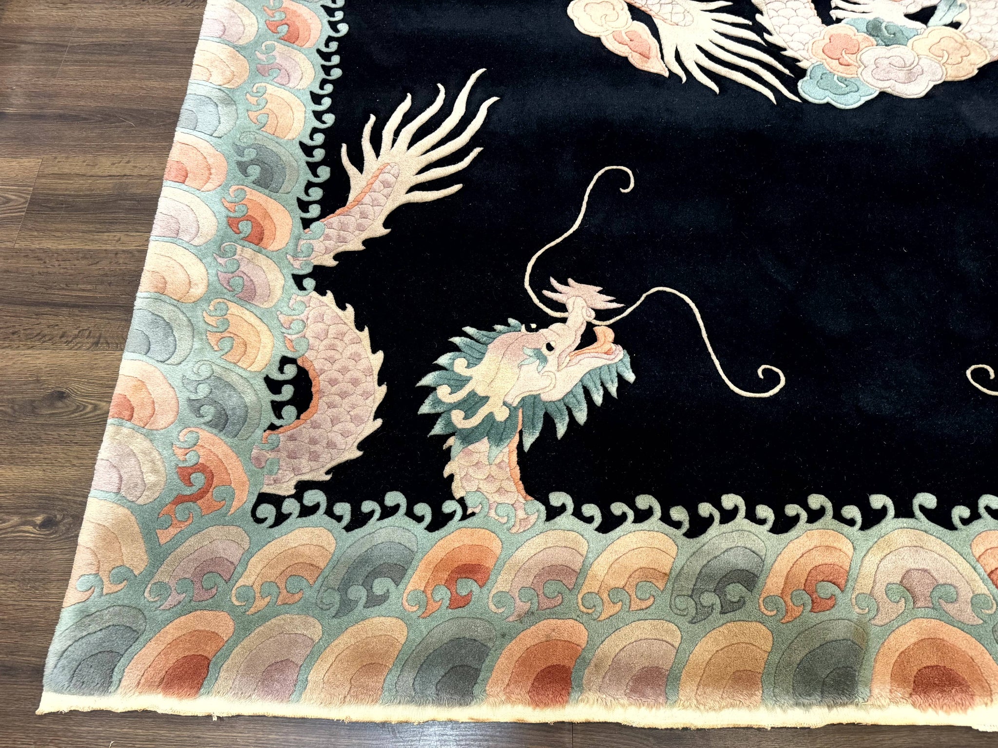 Black Chinese Wool Rug 8x10 with Dragons, Rainbow Borders, Rare by Jewel Rugs