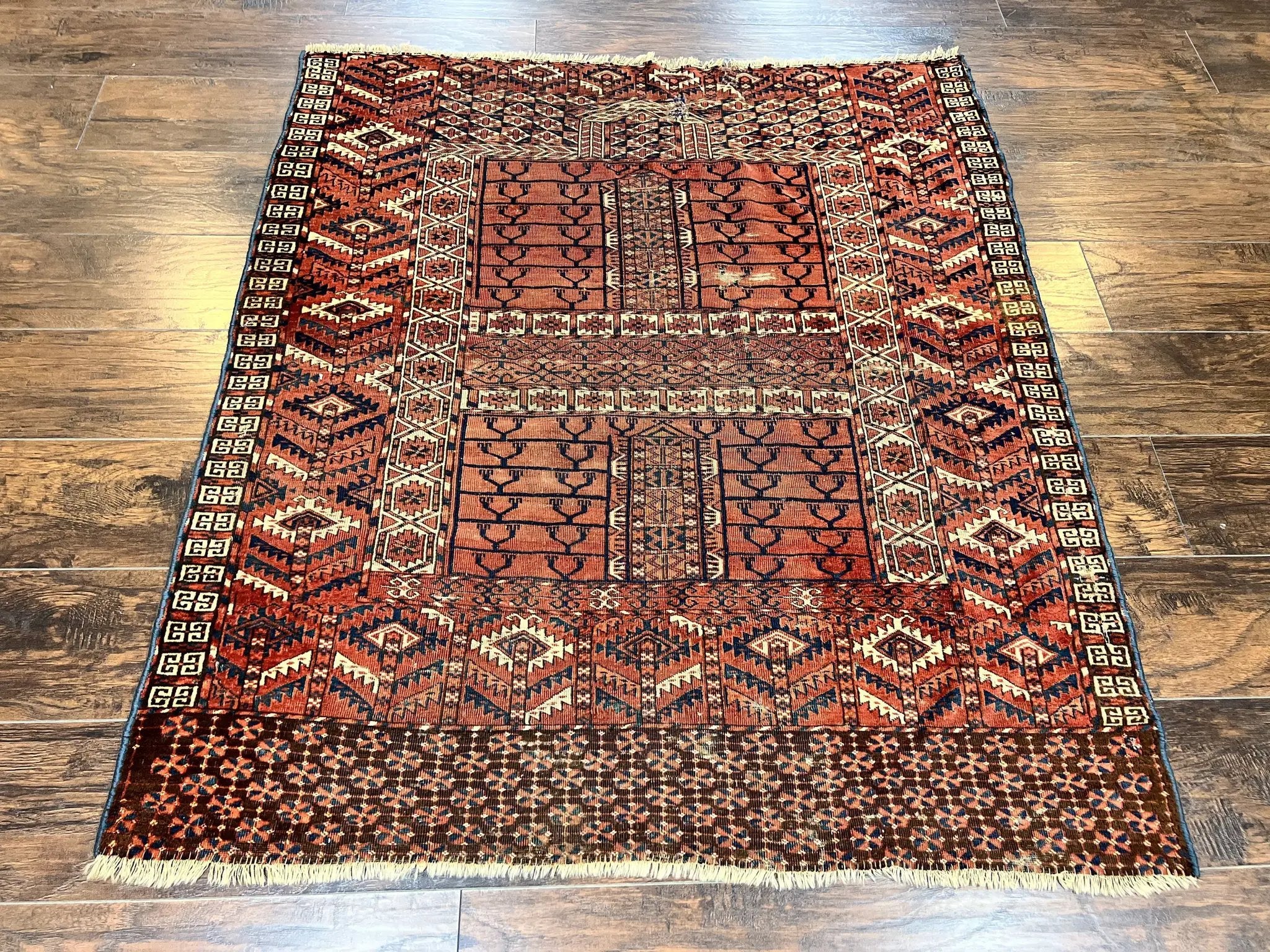 Antique Turkoman Rug 4x4, Hatchli Square Carpet, Wool Handmade Four Season Yamud Design Rug, Red Bohemian Tribal Rug, Engsi Tekkeh Rug by Jewel Rugs