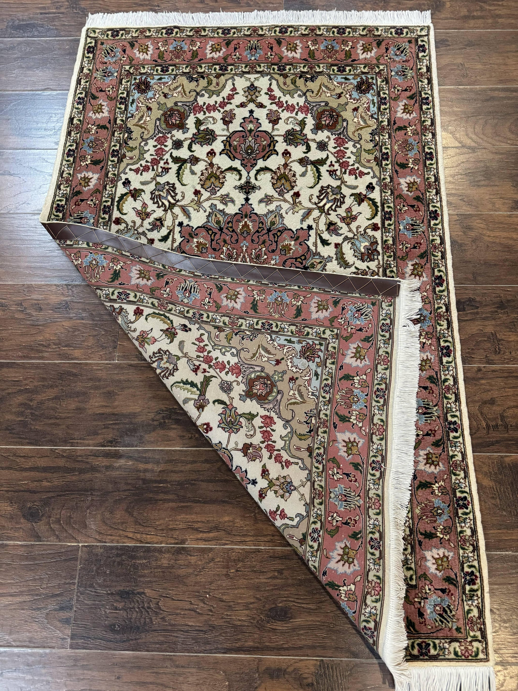 Fine Persian Tabriz Rug 3x5, Floral Medallion, 340 KPSI, Ivory Salmon by Jewel Rugs