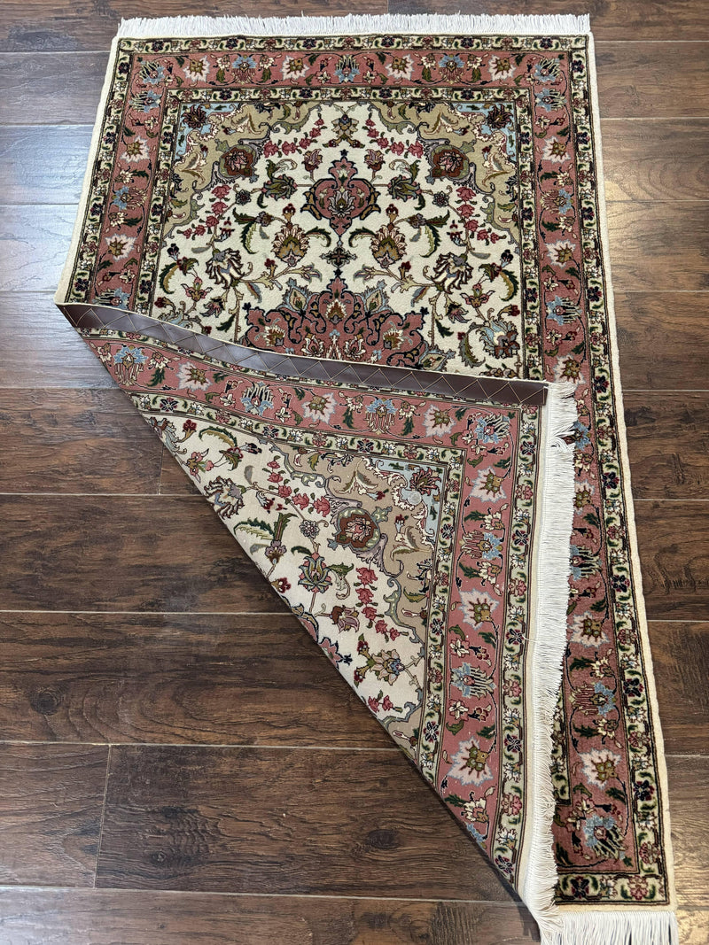 Fine Persian Tabriz Rug 3x5, Floral Medallion, 340 KPSI, Ivory Salmon by Jewel Rugs