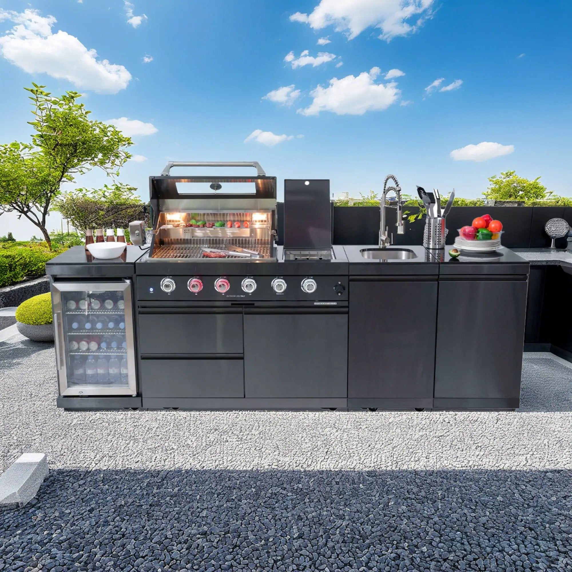 NG 104" 4-Burner 72,000 BTU Black Outdoor Kitchen Island Grill + Rotisserie Kit by Chery Industrial