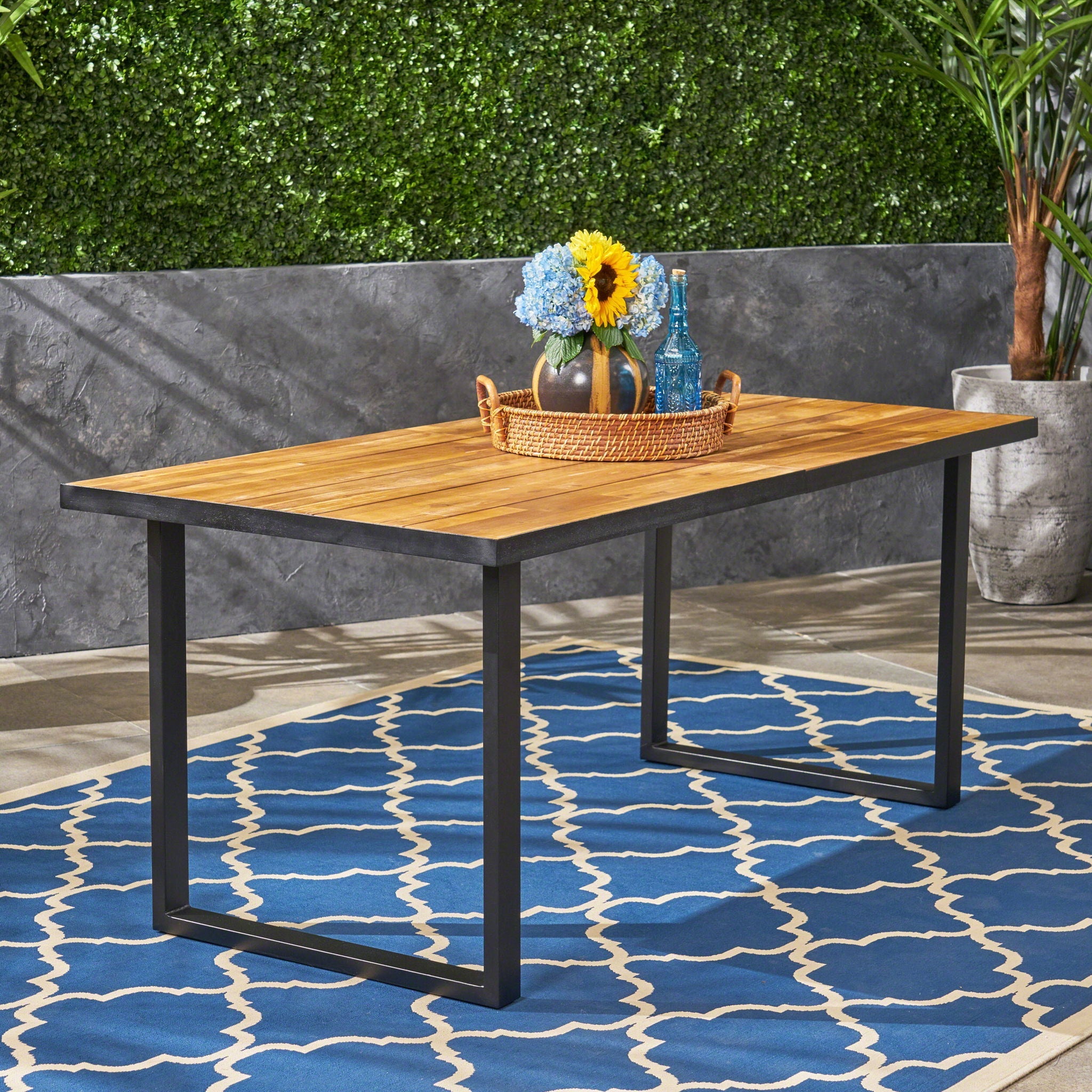 Outdoor Dining Table With U Shape Legs And Slat Top Table - Teak by HouseOfZazla