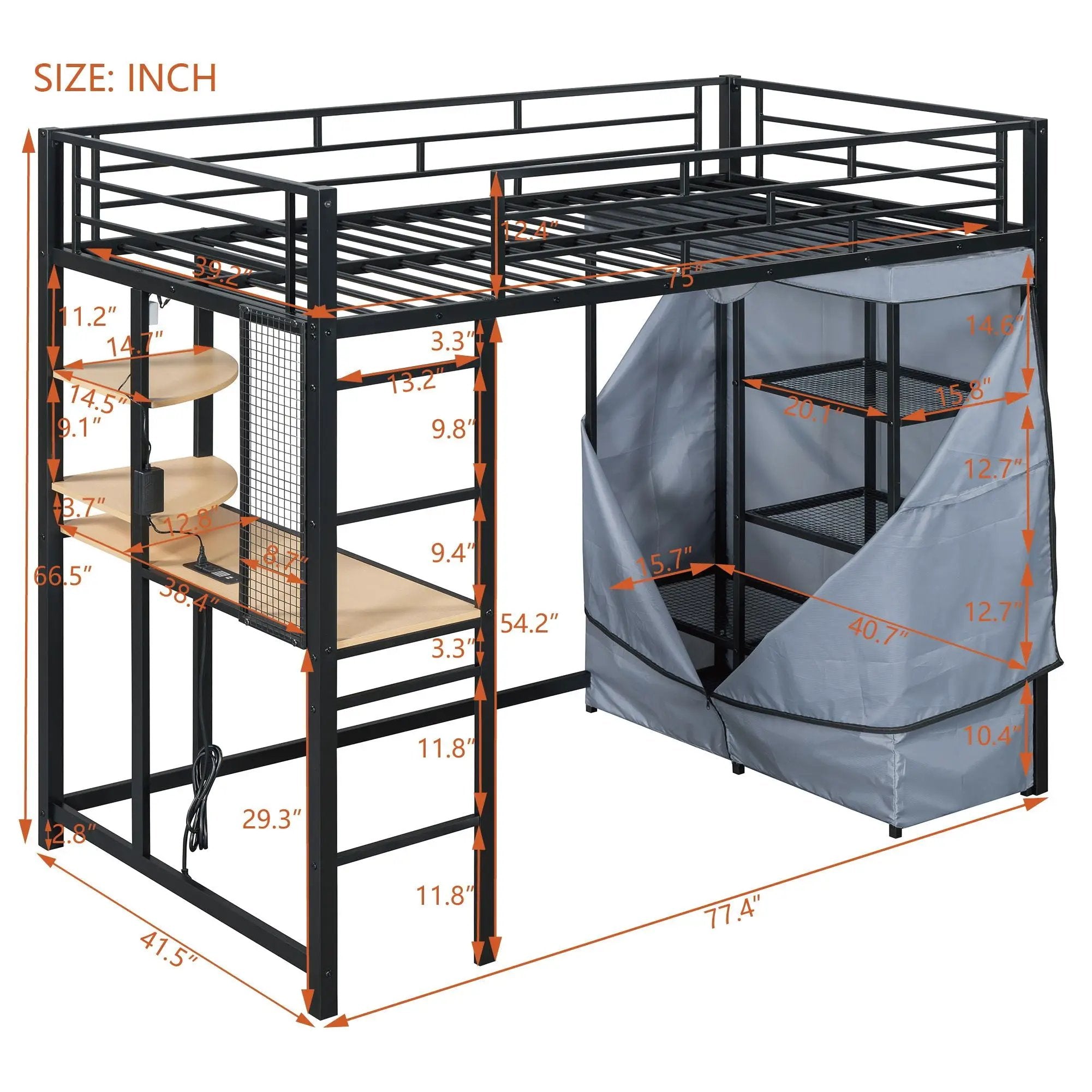 Loft Bed With Desk, Shelves, Power Outlet, LED Light And Wardrobe by Unique Piece Furniture