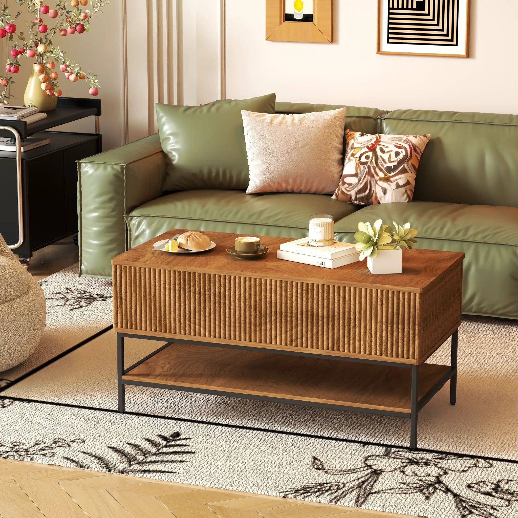 Rectangle Lift Top Coffee Table With Hidden Storage And Lower Shelf - Brown by Unique Piece Furniture