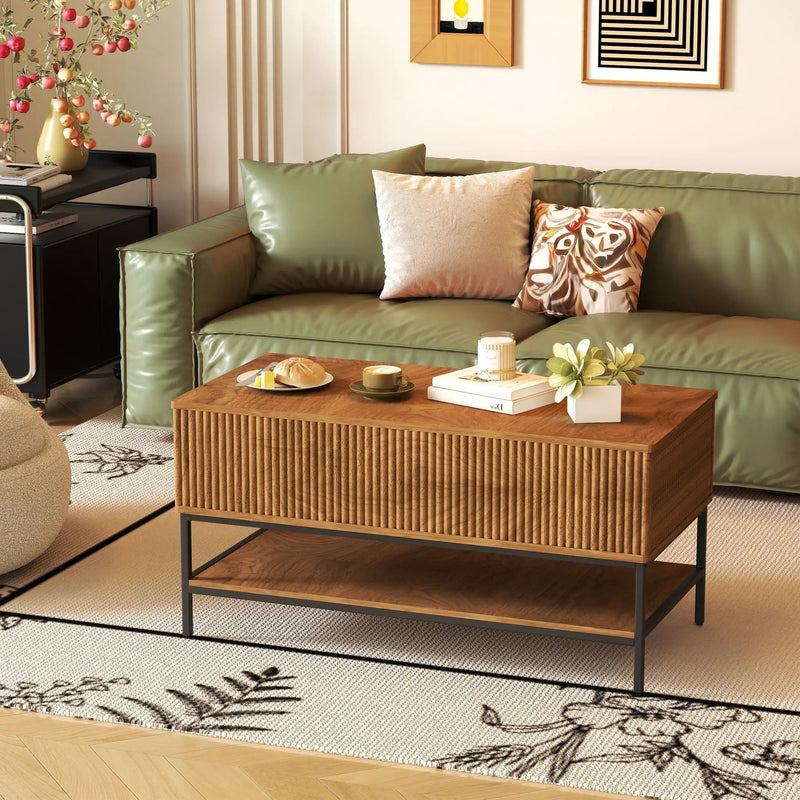 Rectangle Lift Top Coffee Table With Hidden Storage And Lower Shelf - Brown by Unique Piece Furniture