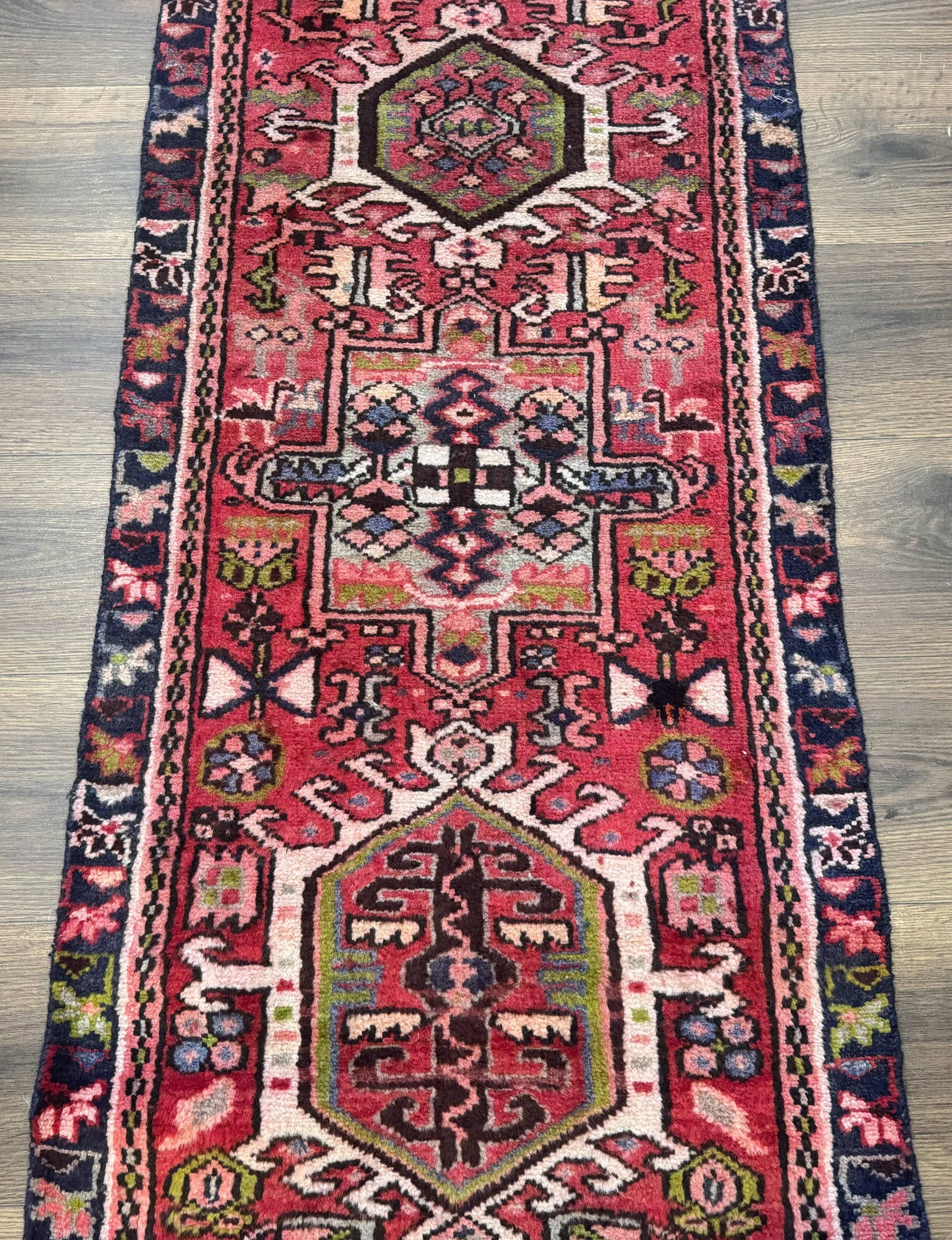 Persian Heriz Karajeh Runner Rug 2x9, Geometric Medallions, Red Navy Blue, 2 x 9 Rug for Hallway by Jewel Rugs