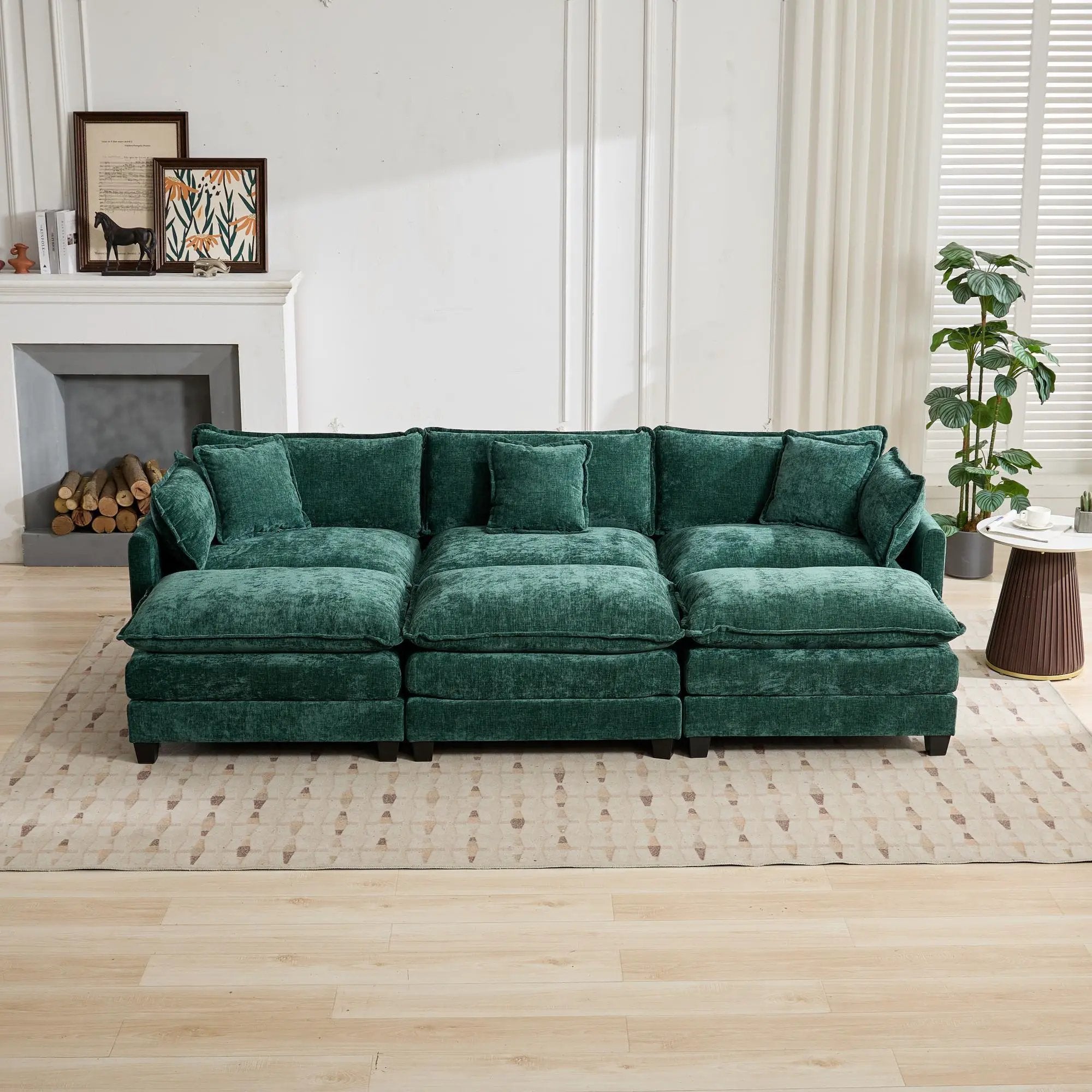 Cloud 3 Seats Sofa (Ottoman is not included) Chenille Fabric in Green by BLAKHOM