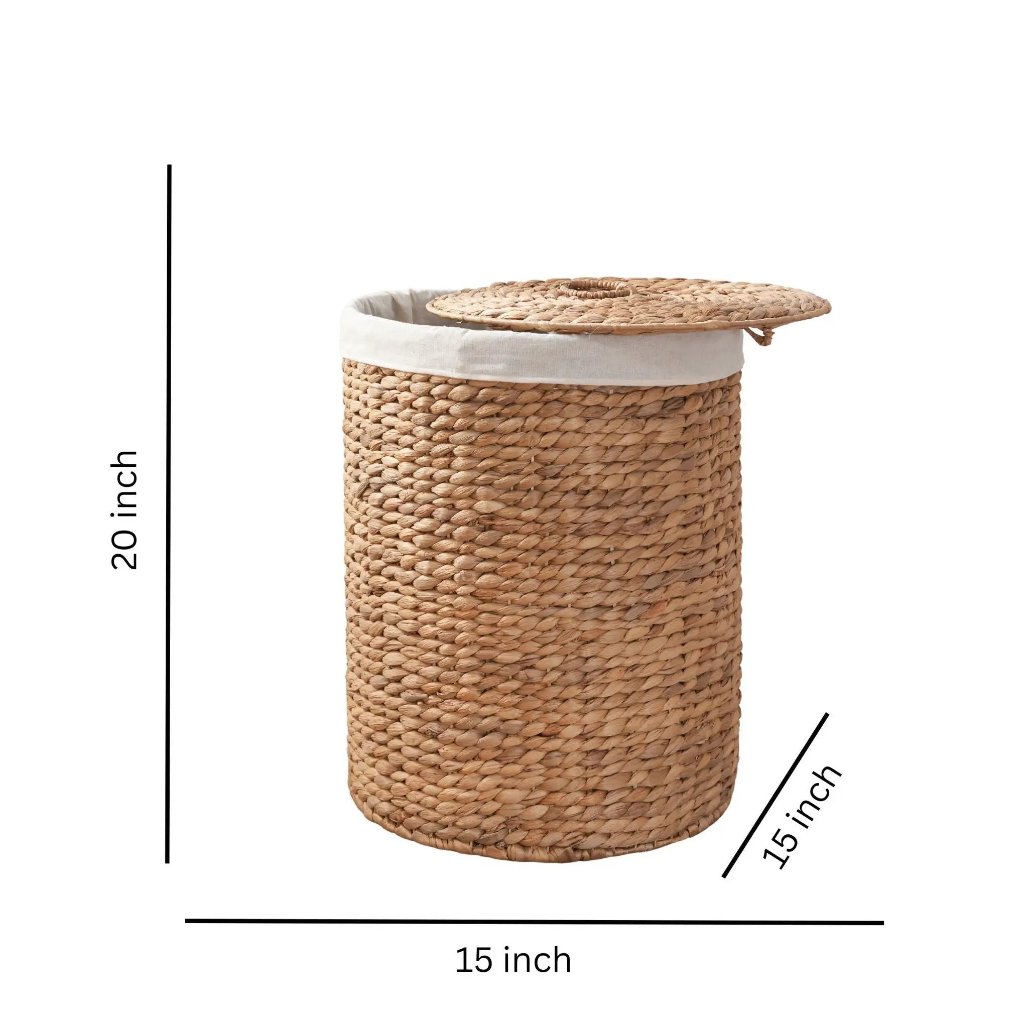 Round Tall Water Hyacinth Woven Wicker Laundry Hamper With Lid - For Clothes, Toys And Book Storage With Removable Liner - 15" X 15" X 20" - Natural Brown by HouseOfZazla