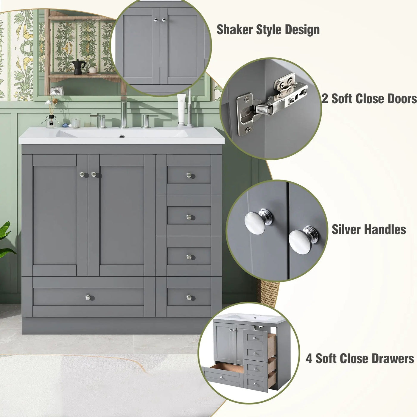 Shaker Free Standing Bathroom Vanity Cabinet With Sink, Soft Close Drawers, Soft Close Doors by Unique Piece Furniture