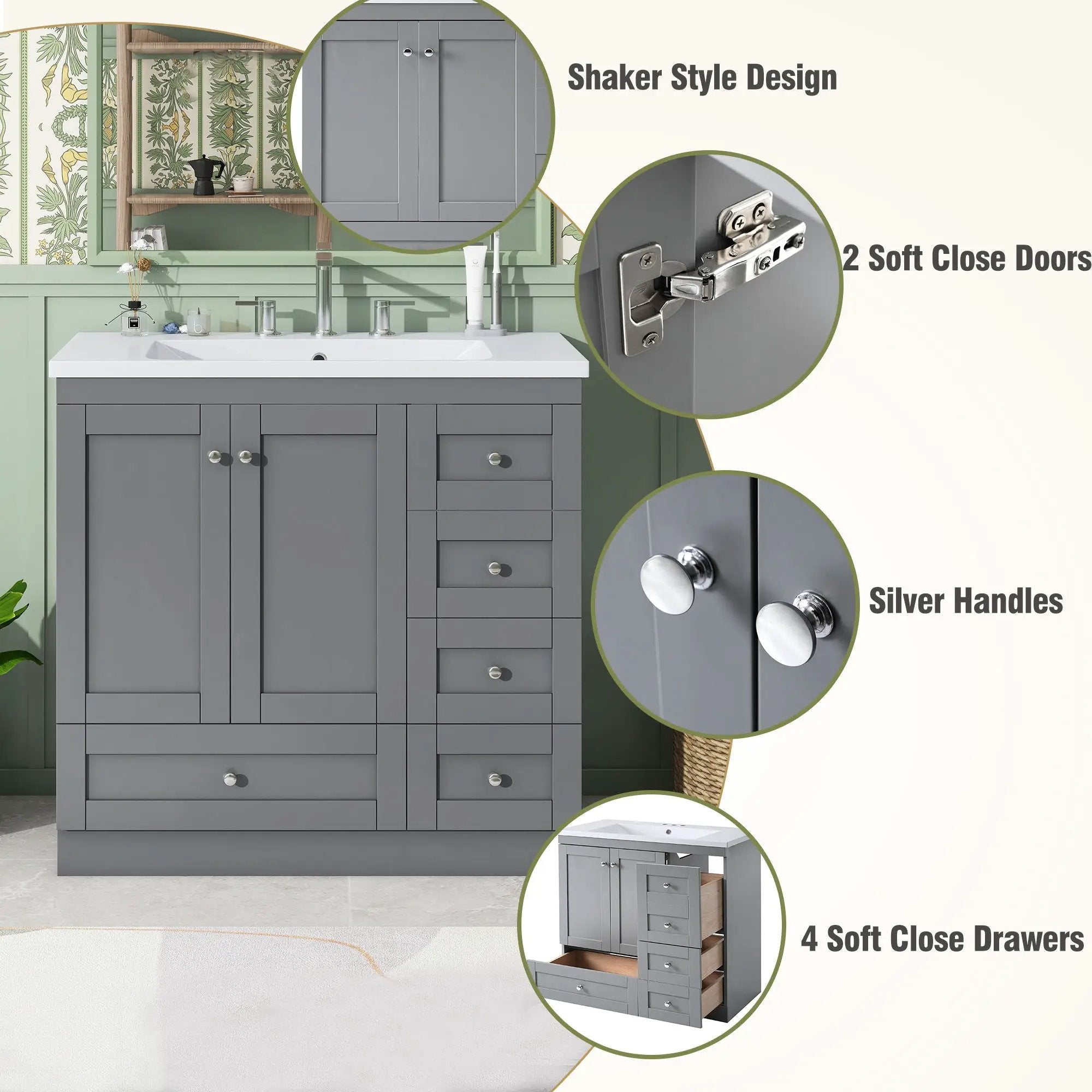 Shaker Free Standing Bathroom Vanity Cabinet With Sink, Soft Close Drawers, Soft Close Doors by HouseOfZazla