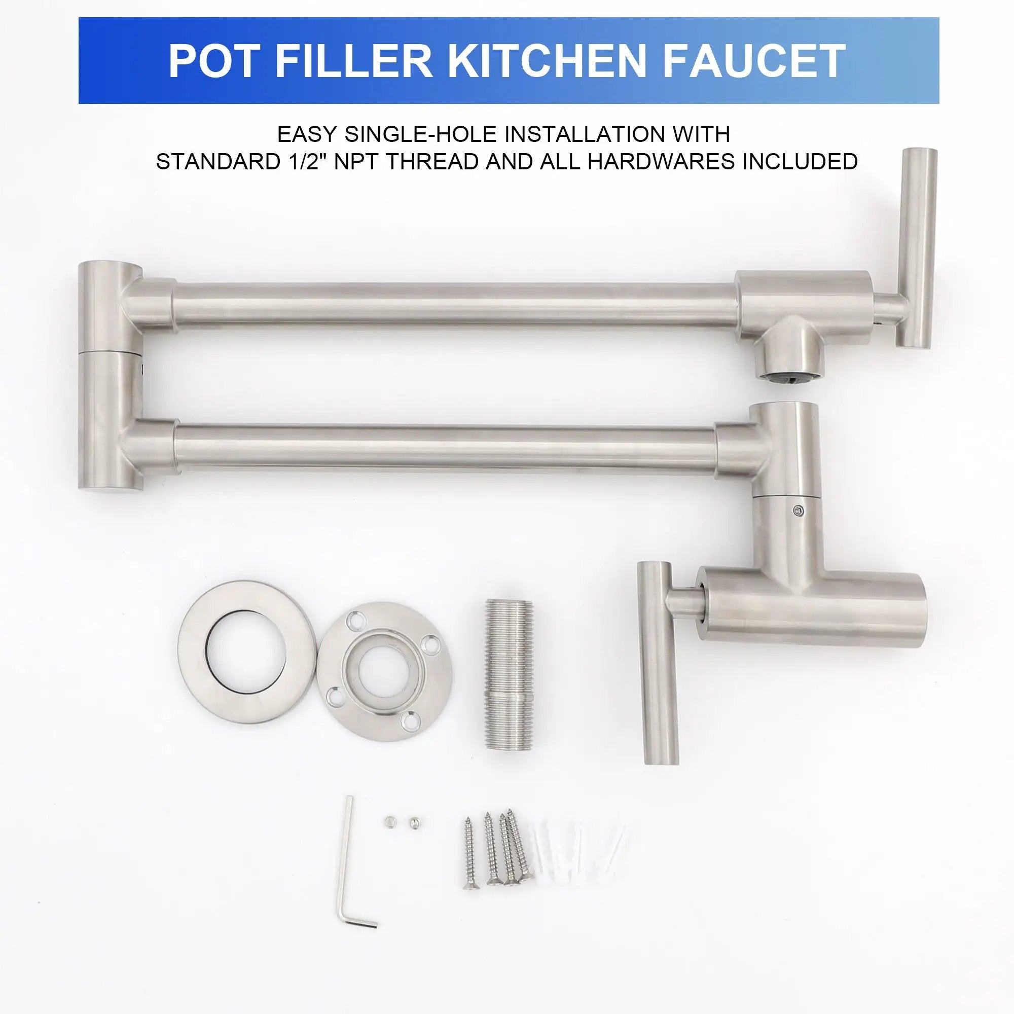 Wall Mount Pot Filler Faucet Folding Stretchable Kitchen Sink Faucet With 2 Handles - Brushed Nickel by HouseOfZazla