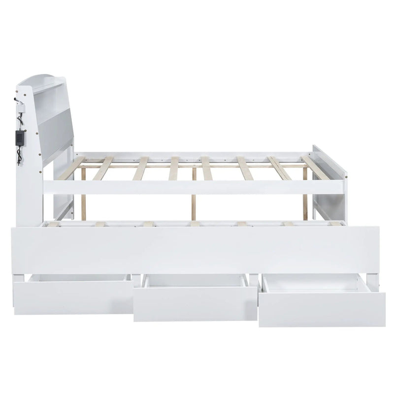 Full Size Platform Bed With Storage LED Headboard, Twin Trundle And 3 Drawers - White by HouseOfZazla