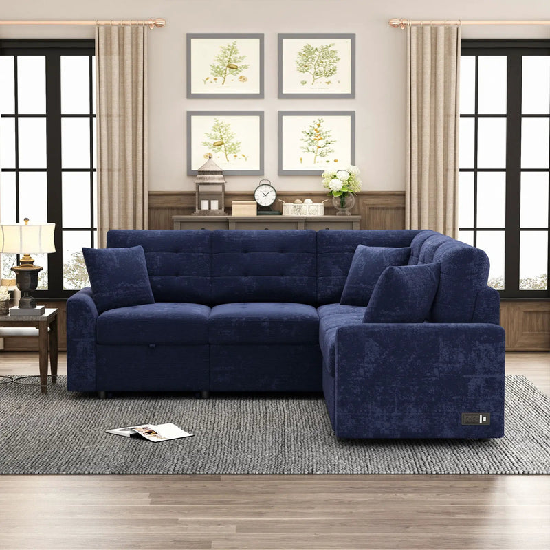 L-Shape Sofa Bed Pull-Out Sleeper Sofa With Wheels, USB Ports, Power Sockets For Living Room by HouseOfZazla