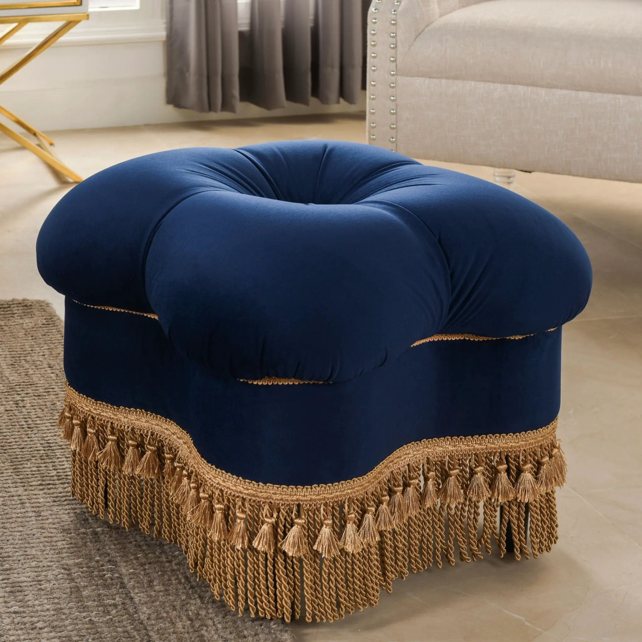 Ellen - Upholstered Clover Ottoman With Gold Bullion Fringe - Navy Blue by Unique Piece Furniture