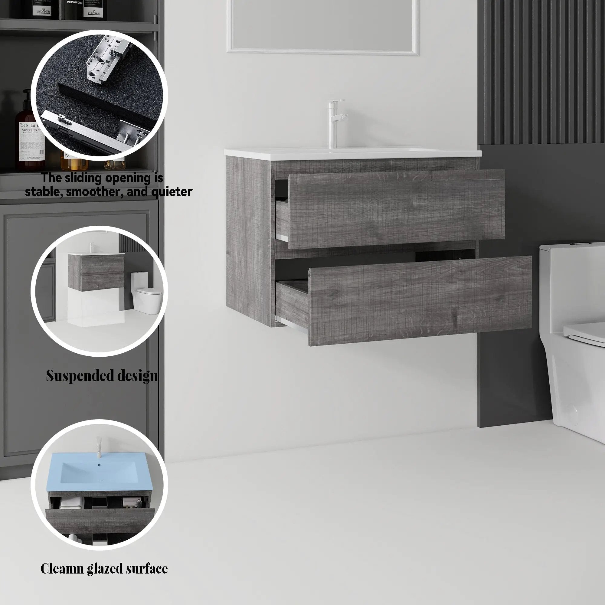24 Inch Floating Bathroom Vanity with Sink, Soft-Close Drawer, Ceramic Sink, Plywood by HouseOfZazla