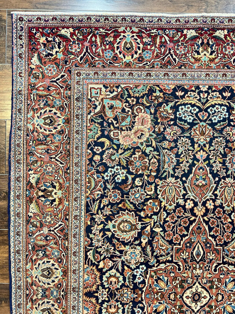 Persian Kashan Rug 4x7, Floral Medallion Vintage Handmade Hand Knotted Navy Blue & Red Wool Oriental Carpet, Highly Detailed Semi Antique Rug by Jewel Rugs