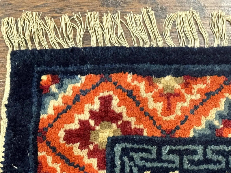 Small Antique Chinese Square Rug 2x3, Tibetan Rug, Red Orange Blue, 1920s Rug by Jewel Rugs